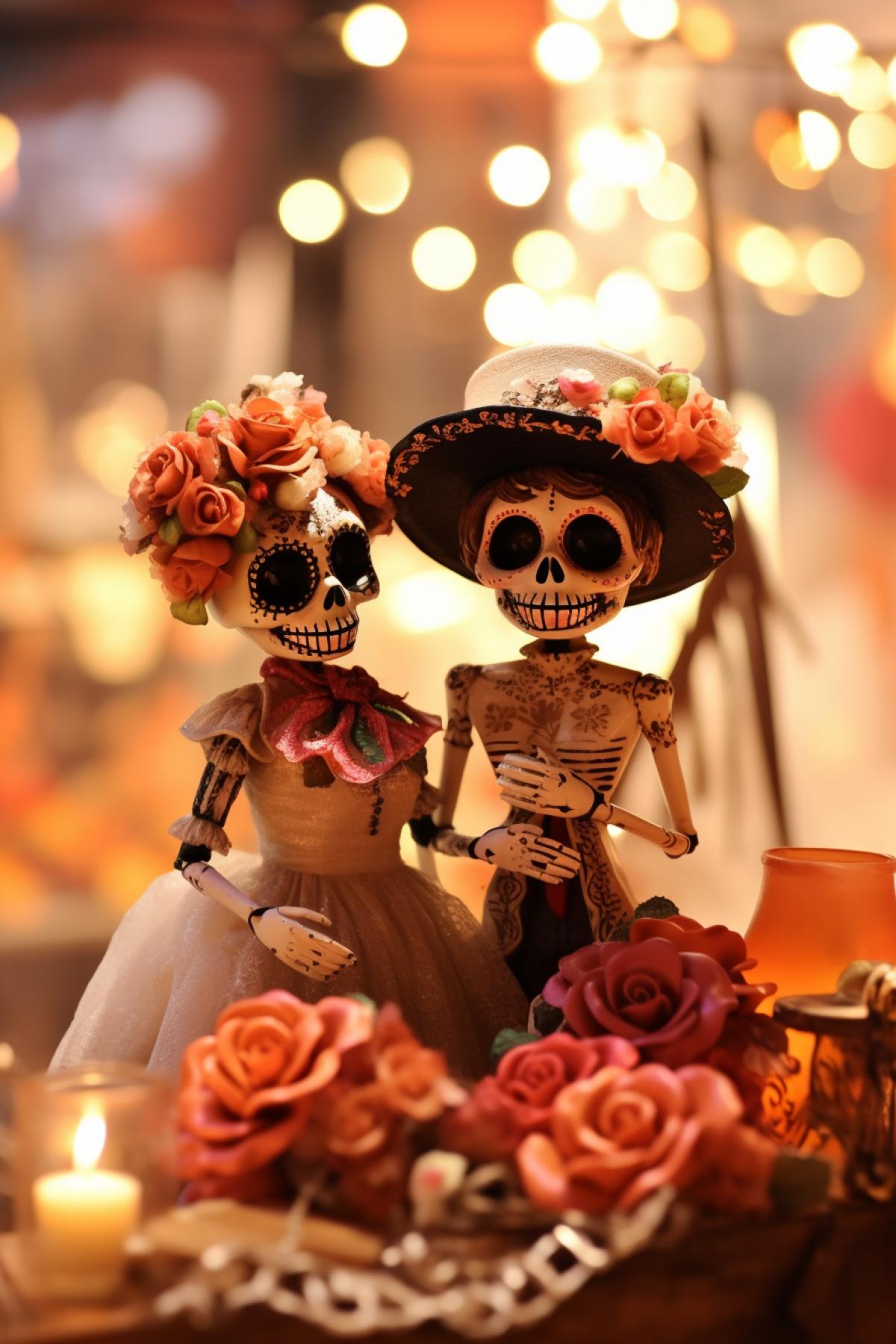 Skeleton wood and paper collection figures dolls of deí de muertos celebrities in interior polished high gloss wood surrounded by artificial flowers and candles professional light awarded shocking photo