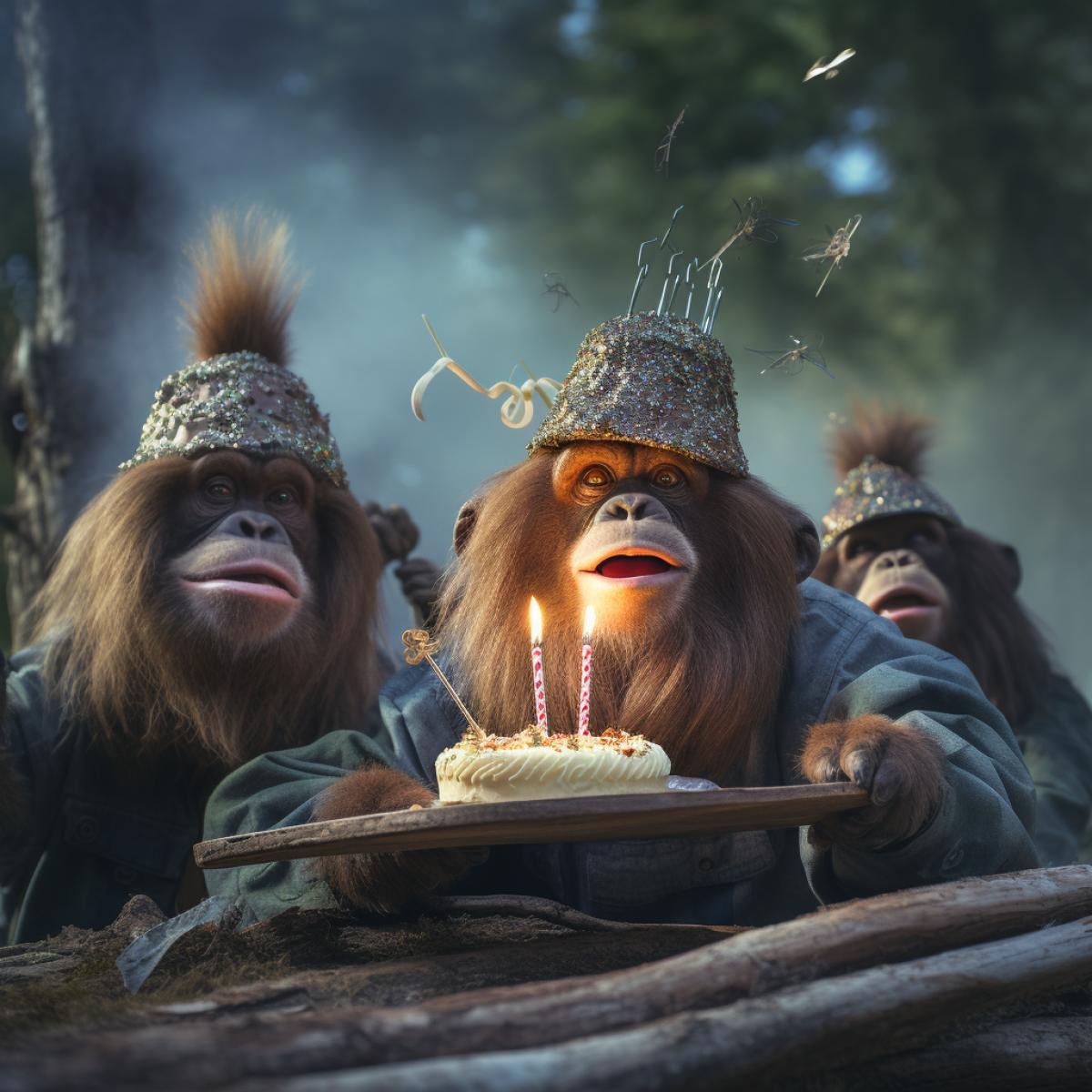 Funny Copybara celebrating his birthday with his friends in the wild, realistic photo