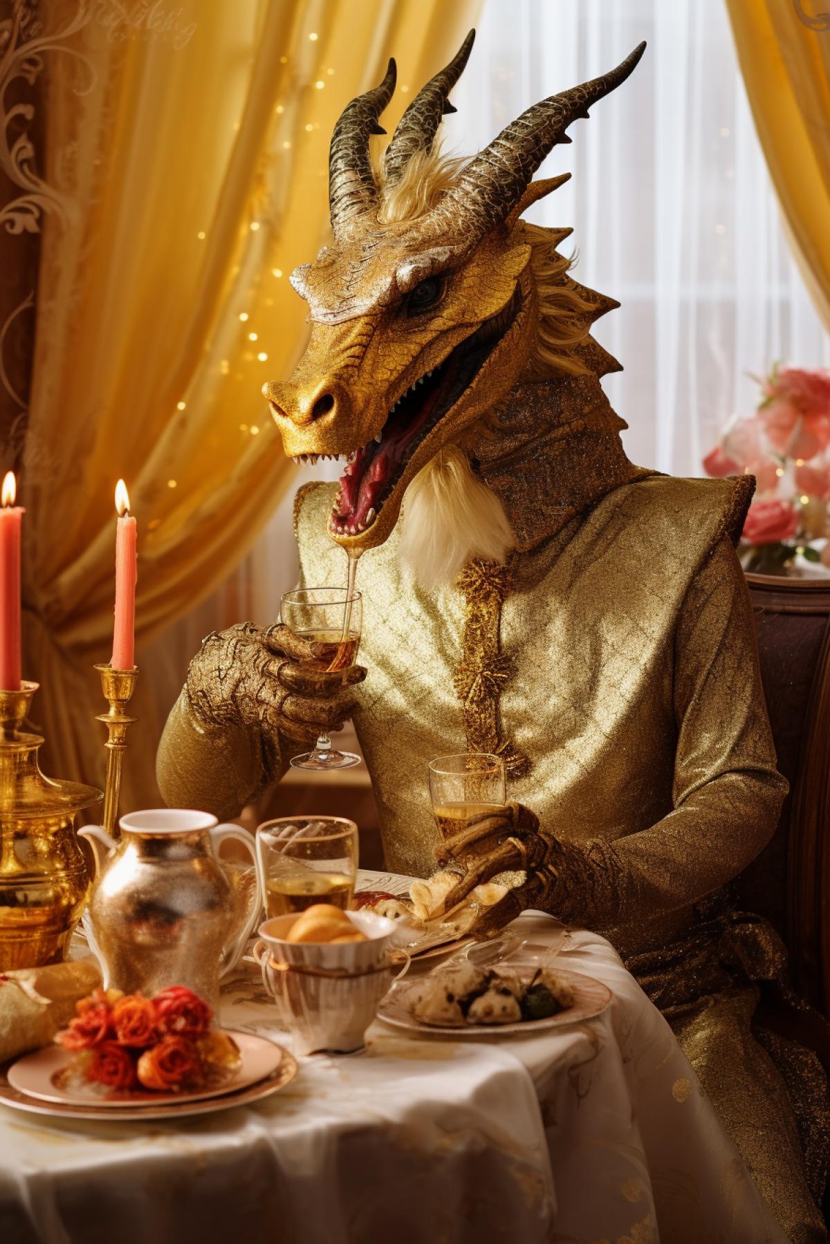 a golden dragon in a knights attire sits at the festive table and celebrates a cheerful birthday holiday