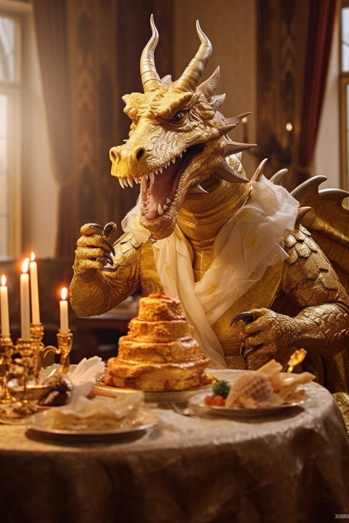 a golden dragon in a knights attire sits at the festive table and celebrates a cheerful birthday holiday