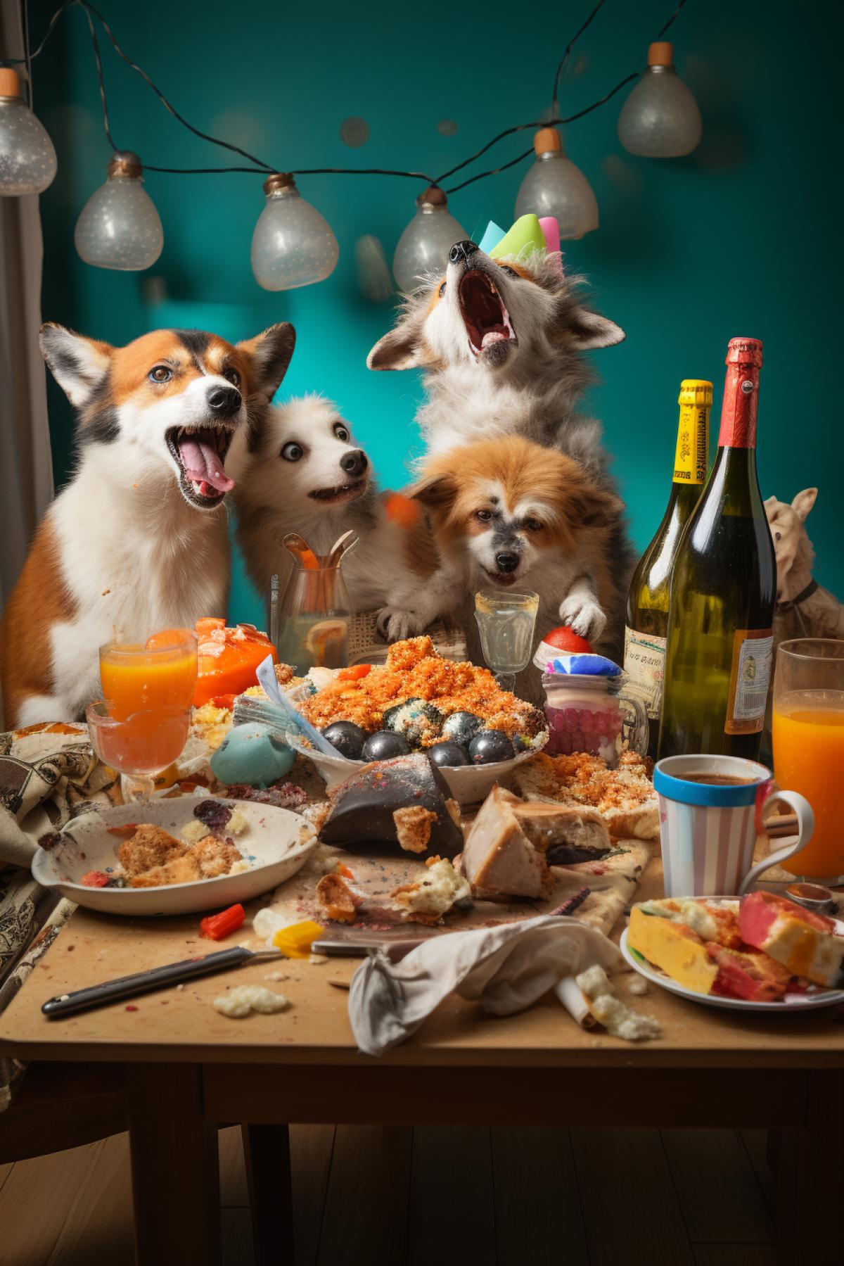 Drunken animals fighting and biting at the foxs birthday party of the piece of cake, the table full of products and wine bottles in mess