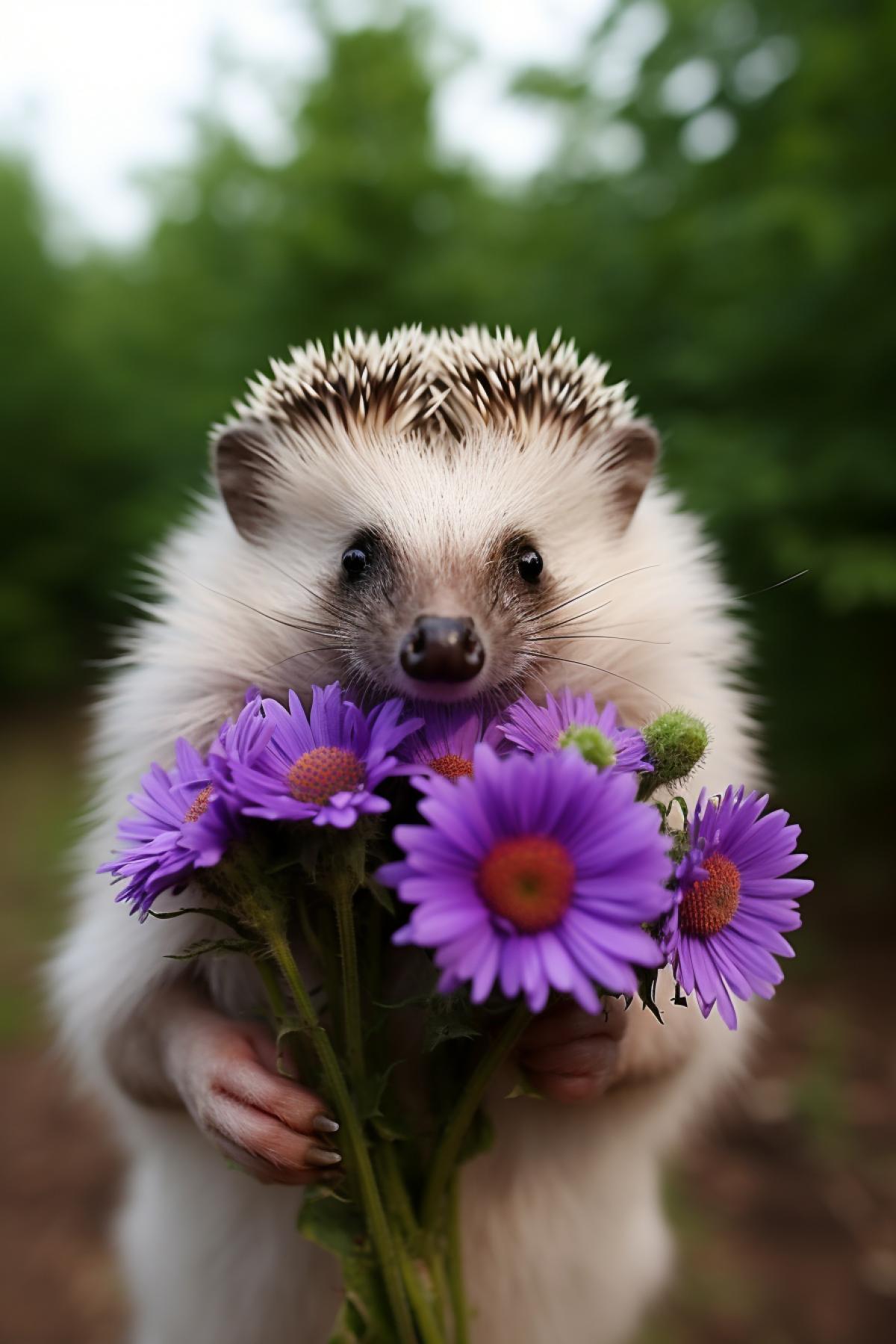 Happy hedgehog at his birthday party flowers in hand all animals congratulating