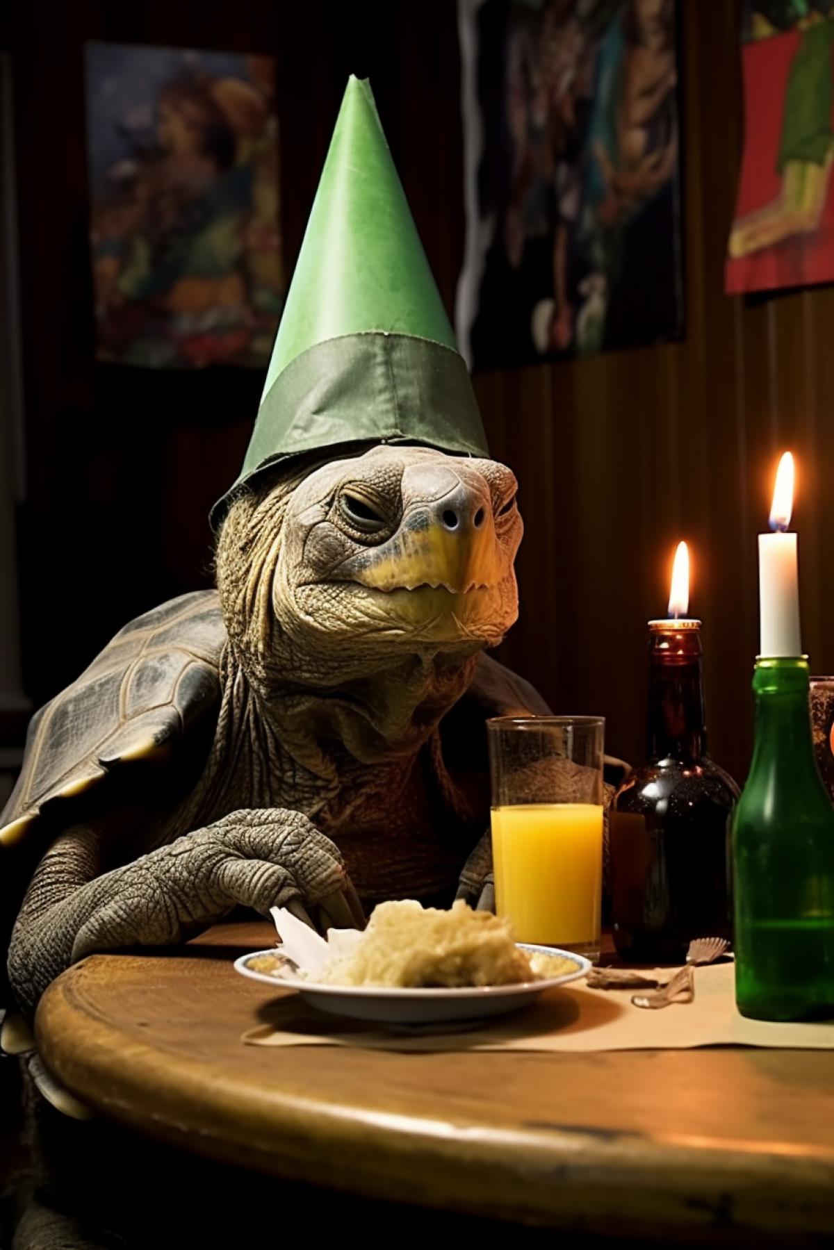 Old tired sad turtle with hopeless tragic sorrowful face sits at the table face on hand birthday cap on head all alone drinking wine at his birthday lonely party poor interior bottle of cheap wine and glone dim electric bulb over the table atmosphere of loneliness and hopelessness awarded photo