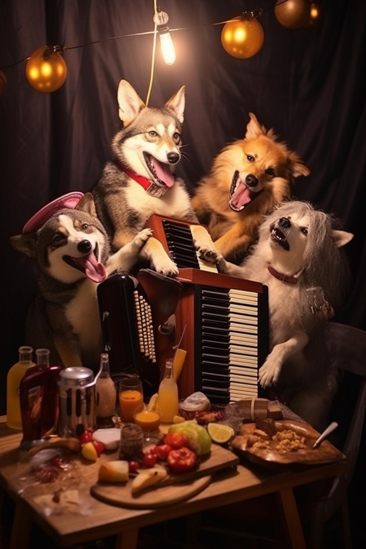 Drunken dogs singing at the table foxs birthday party, fox playing accordion the table full of food products and wine bottles in mess full of emotions photo
