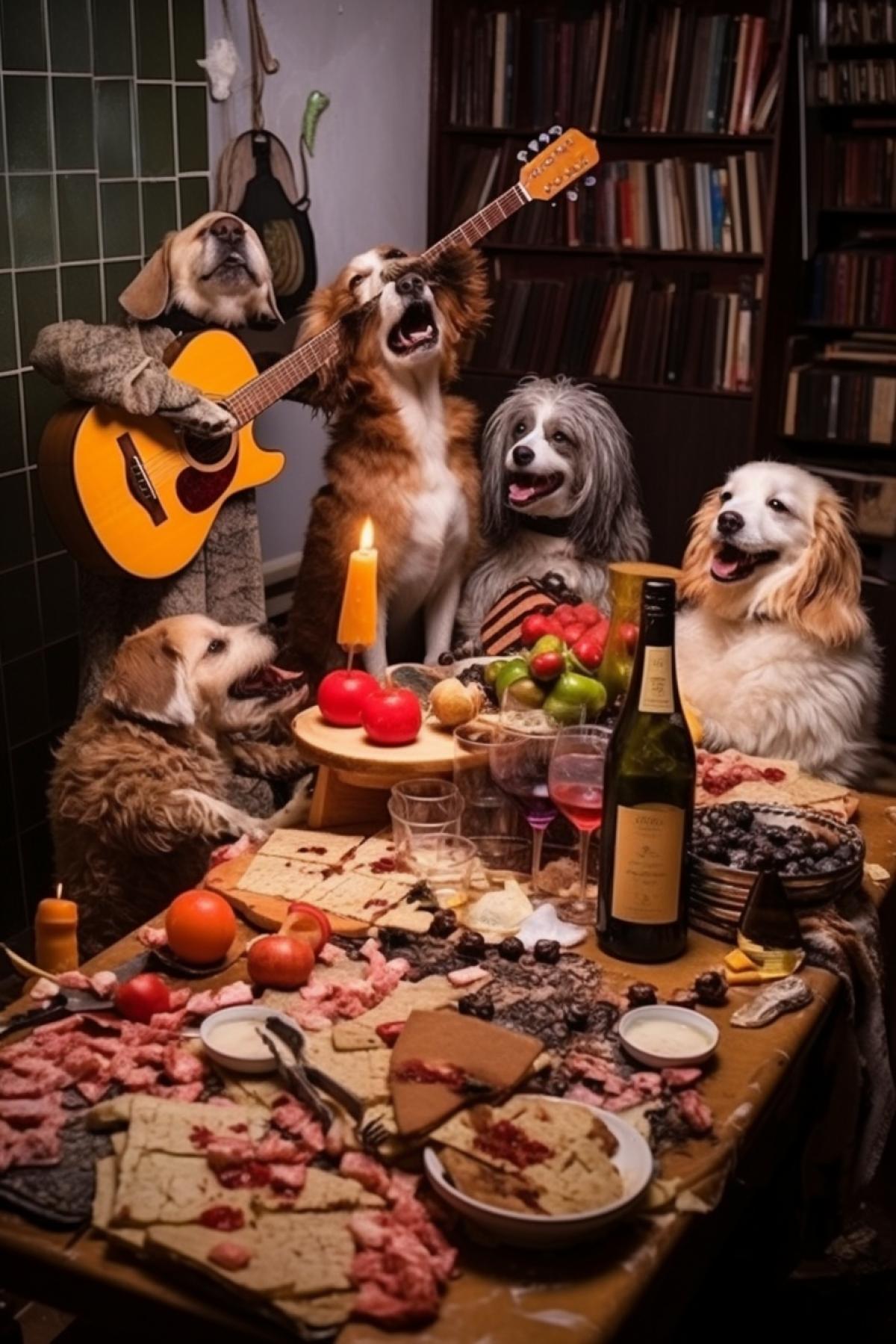 Drunken dogs howling singing at the table on foxs birthday party, fox playing accordion the table full of food products and wine bottles in mess full of emotions photo