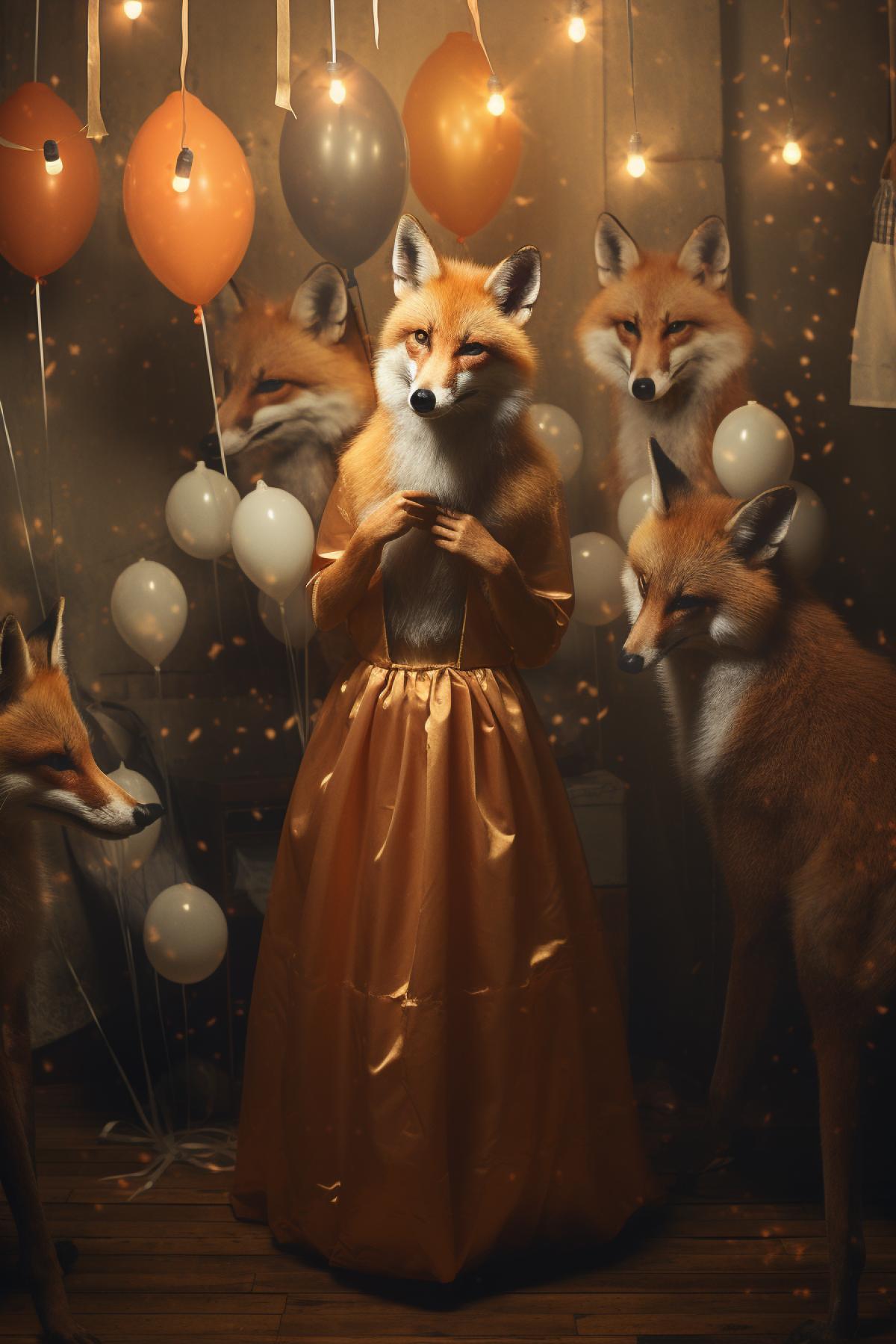 Bachelors birthday party of drunken dogs one young beautiful fox putting on a dress standing aside