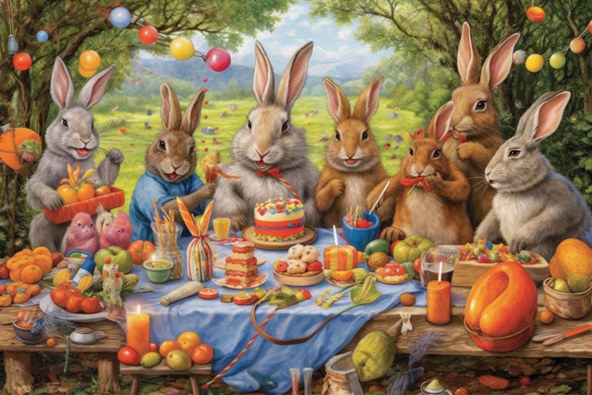 a cheerful company of hares in a forest clearing in front of a pile of vegetables, carrots, cabbage, apples, celebrating a birthday, joy, fun, songs, flowers