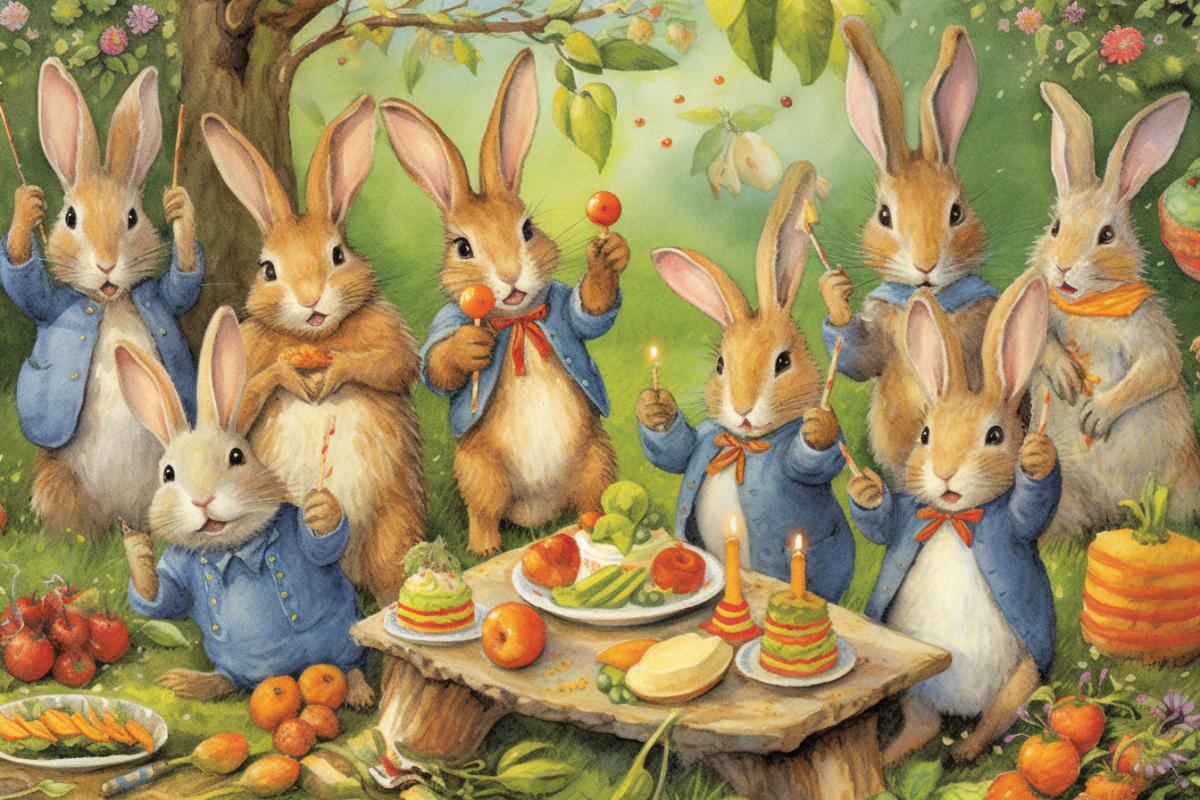 a cheerful company of hares in a forest clearing in front of a pile of vegetables, carrots, cabbage, apples, celebrating a birthday, joy, fun, songs, flowers