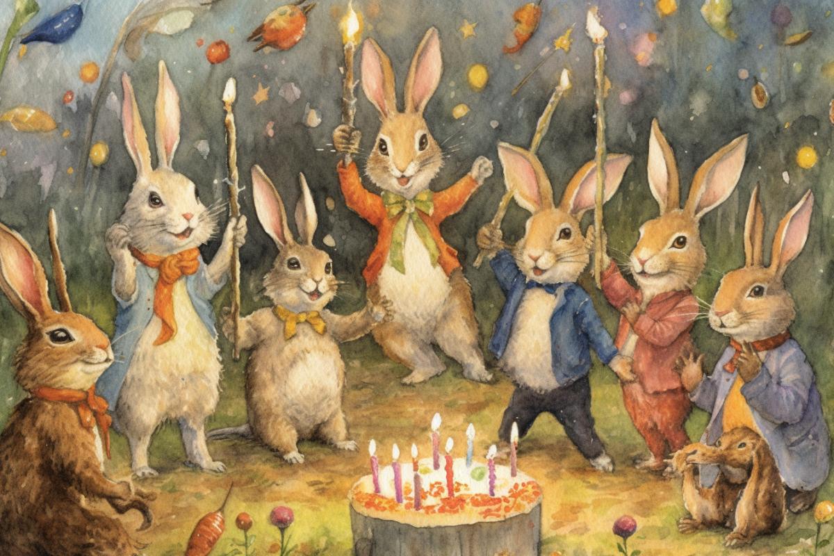 a cheerful company of hares in a forest clearing in front of a pile of vegetables, carrots, cabbage, apples, celebrating a birthday, joy, fun, songs, flowers