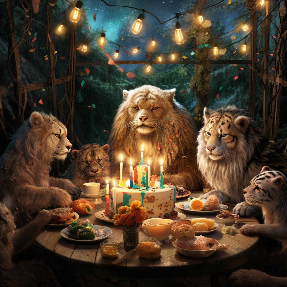 Fun animal birthday feast, mystical, magical, atmospheric, radiance
