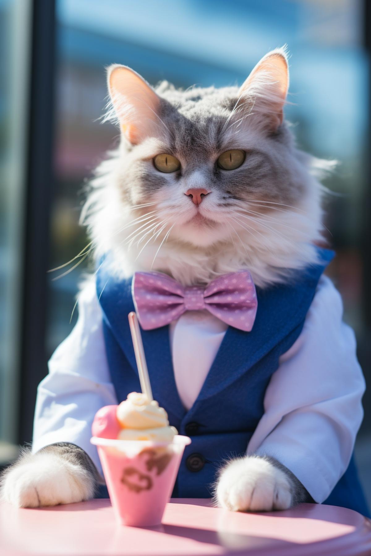 Kitty is celebrating his birthday at Baskin Robbins wearing sunglasses and a blue bow tie and looking at the pink ice cream with a smile.