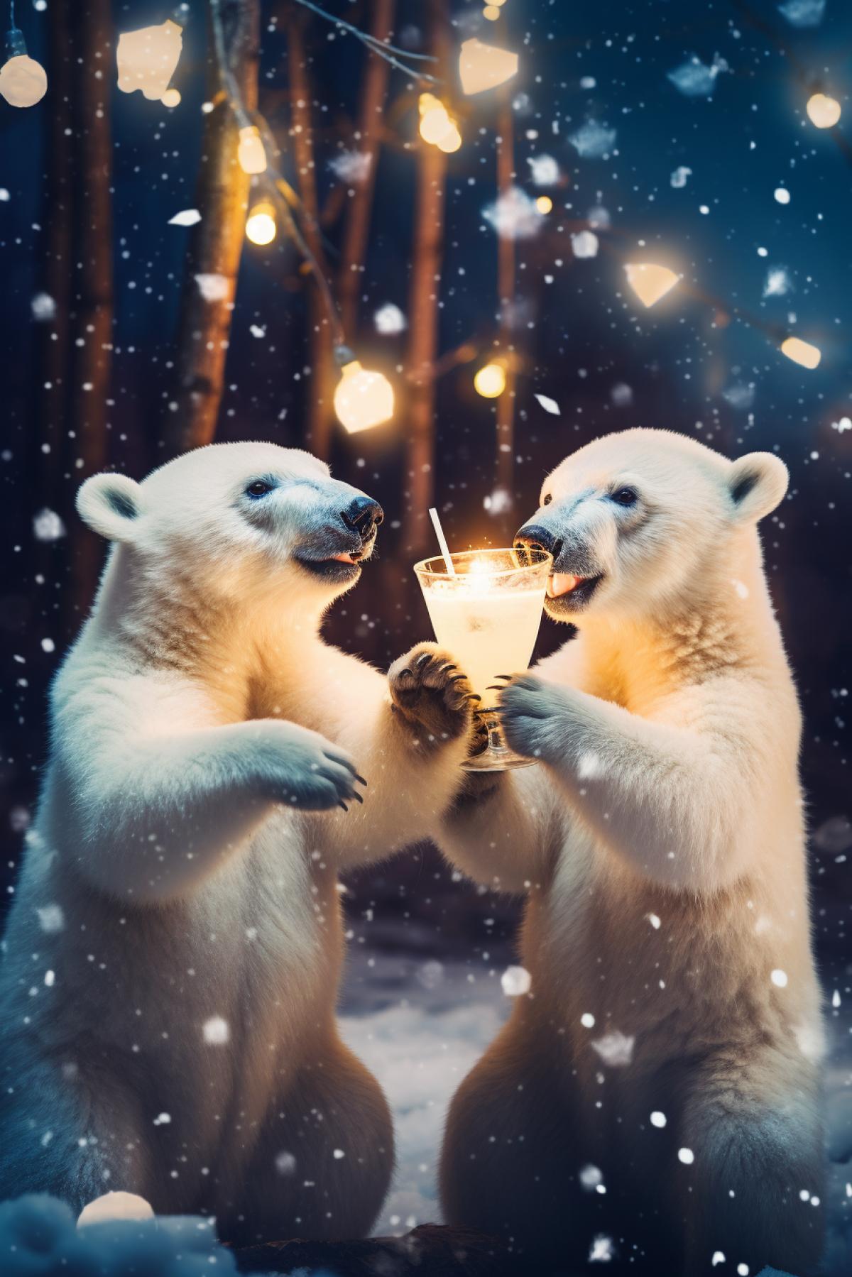 Little Polar Bears cup dancing at a birthday party, sparklers and LED lights in the snow, disco-style party in the snowy countryside, high definition, warm filter, deep colors, angled shot, work of a holiday photographer