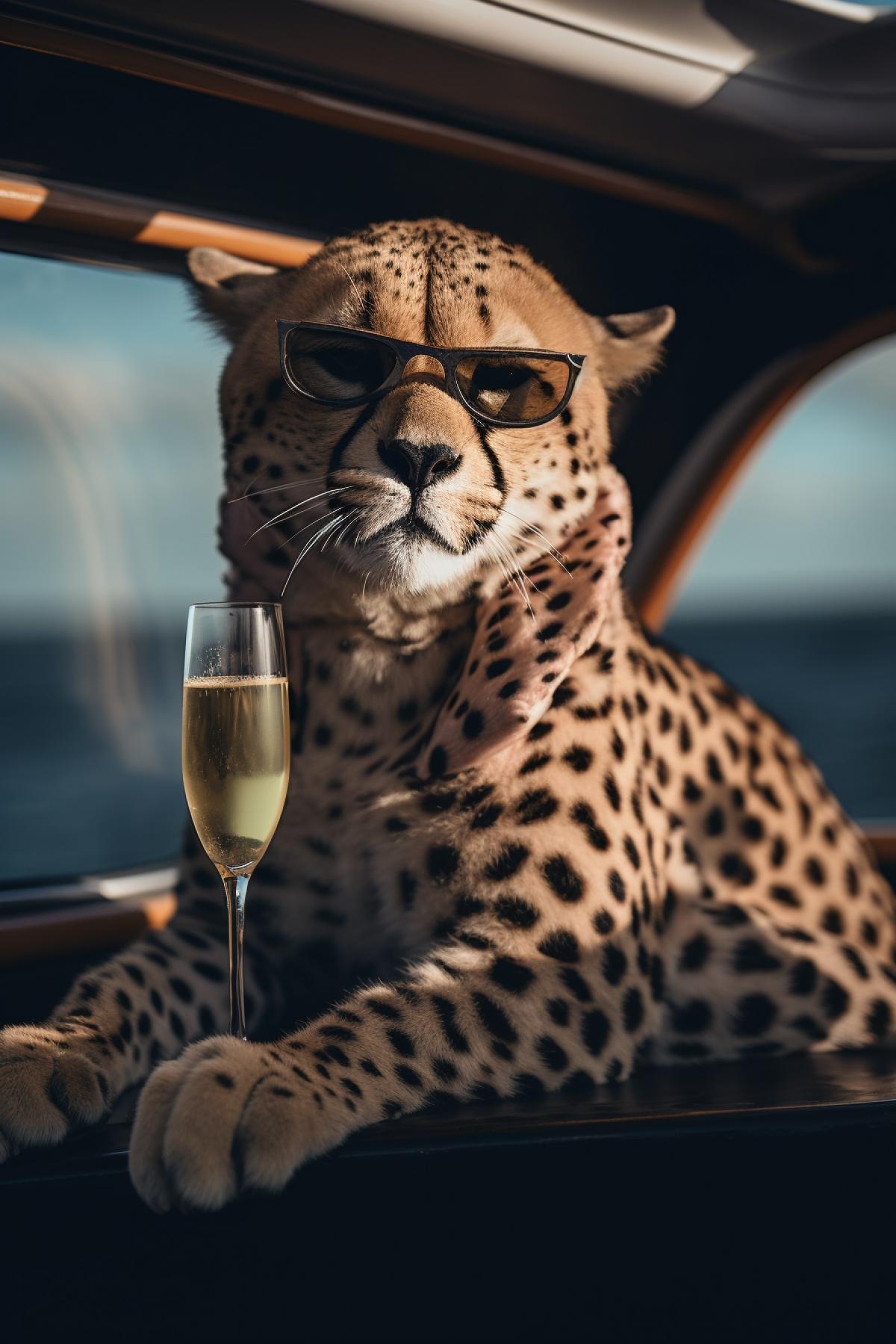 Elegantly dressed cheetah celebrates a birthday on a luxury yacht, tilt-shot, the work of a holiday photographer