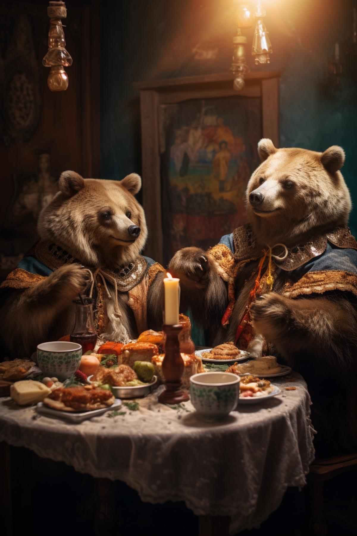 Slavic bears celebrating a birthday, dressed in Slavic clothes, Slavic food on the table, Slavic atmosphere, high quality, good detail