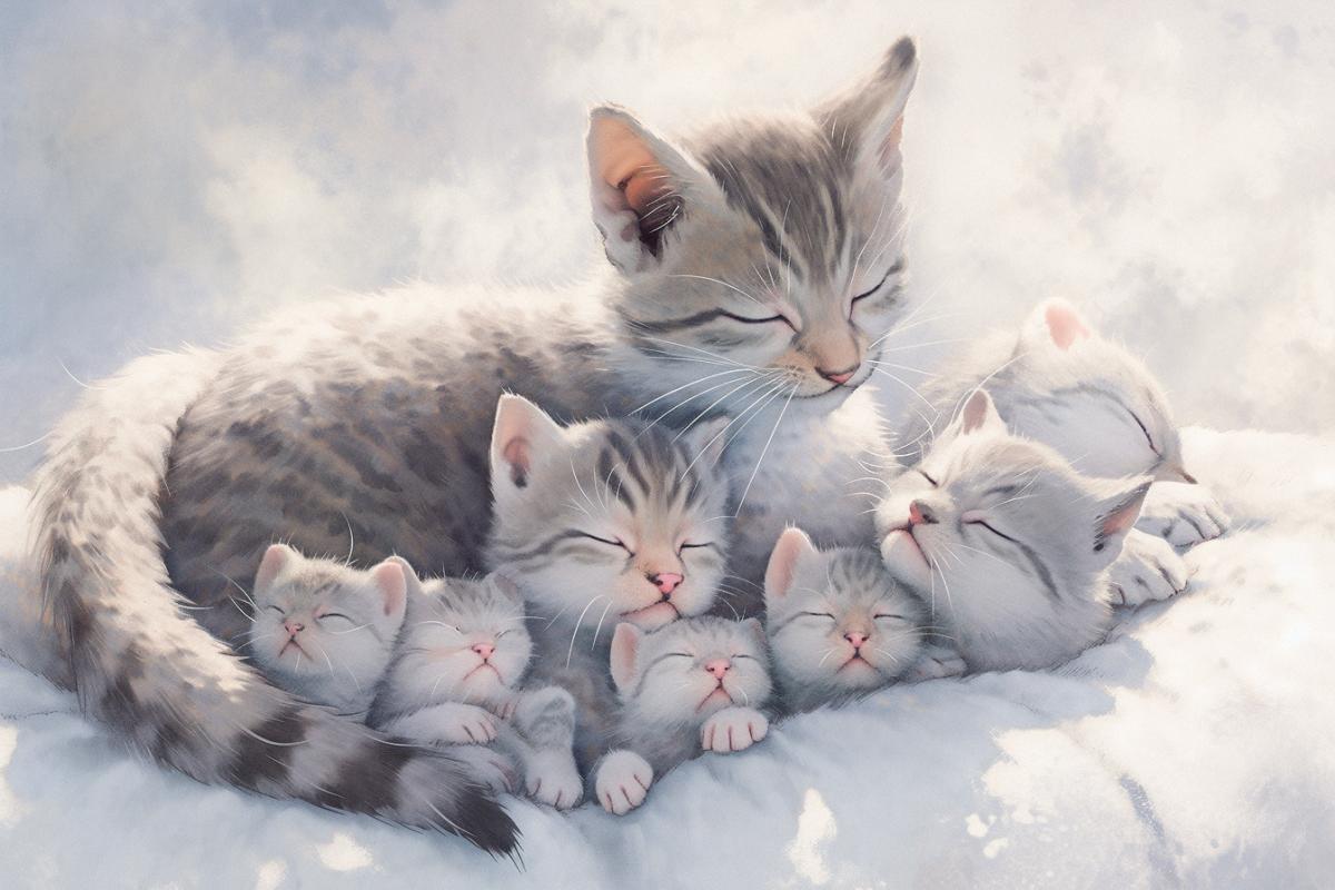 A realistic photo of a nursing cat, five newborn kittens lie side by side with their muzzles buried in her belly, the kittens’ tails stretch out towards the viewer