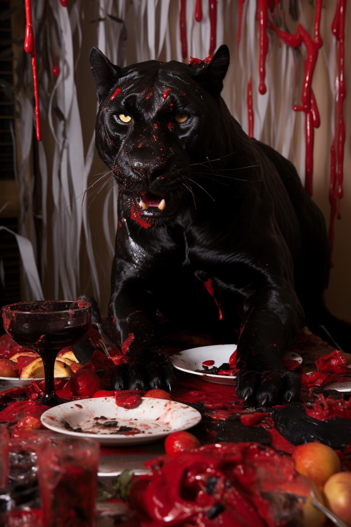 Big dark panther on his birthday party devours all the dead animals white bones red liquid meat pieces in mess everywhere use only dark and red palette