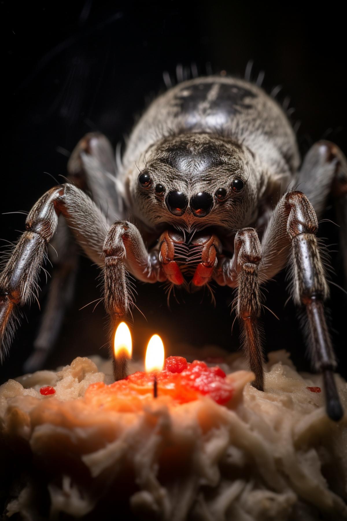 Macro photo of the spider devouring his victim on his birthday party