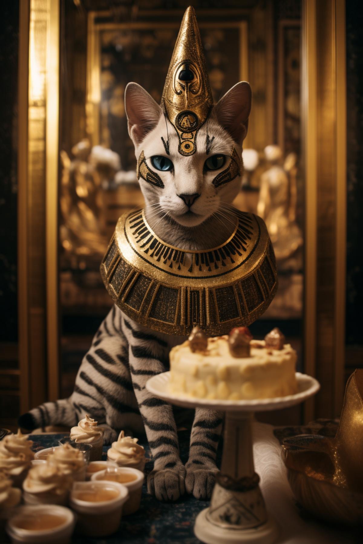 Birthday party of Egyptian Queen cat Nefertiti style ancient Egyptian palace interior