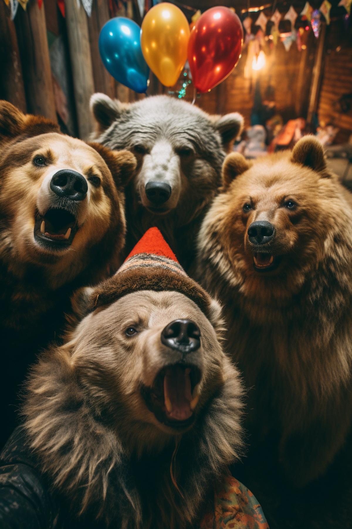 Selfie of wild animals on the birthday party bear wolf and hog