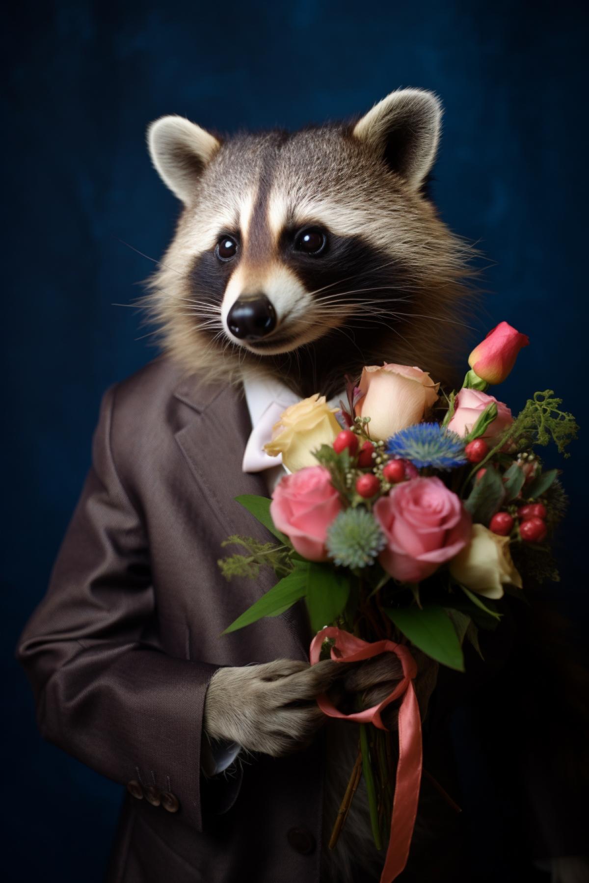 Birthday portrait of high-clyoung raccoon haircut expensive suit and tie flowers in hand smiling