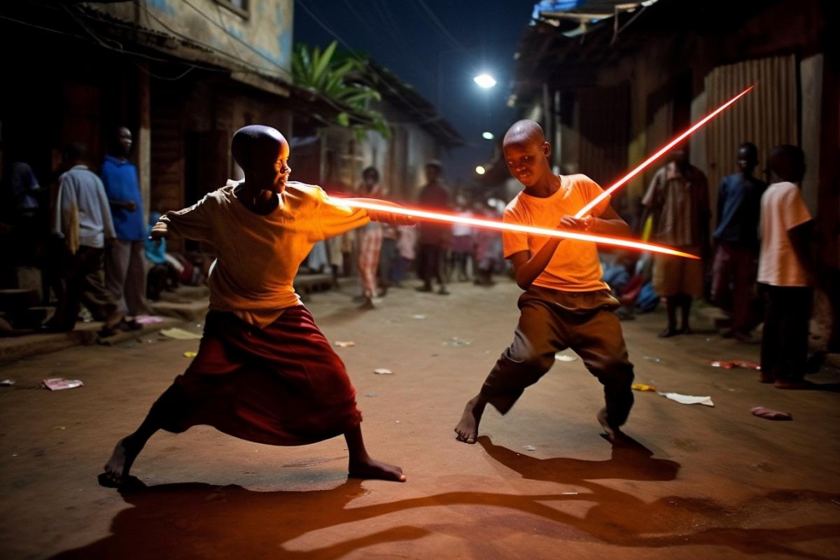 Street children in the slums fight with lightsabers, duel