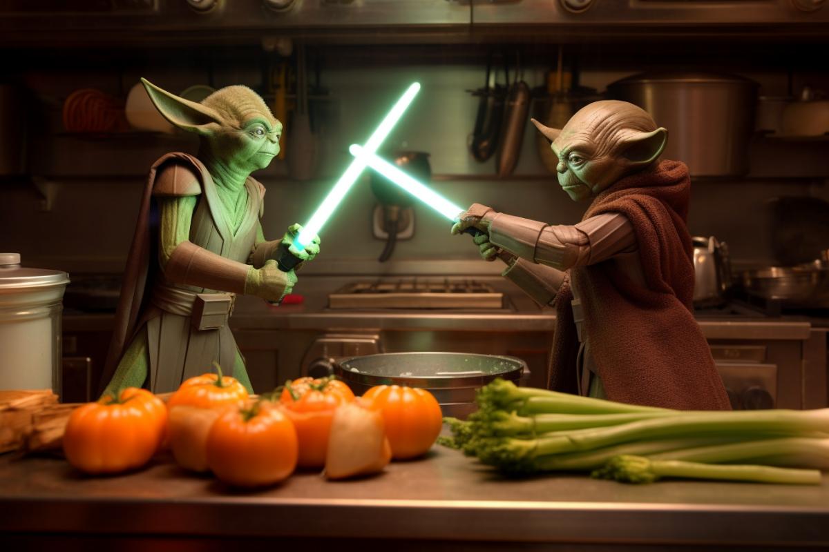 Anthropomorphic vegetables fight with lightsabers in the kitchen.