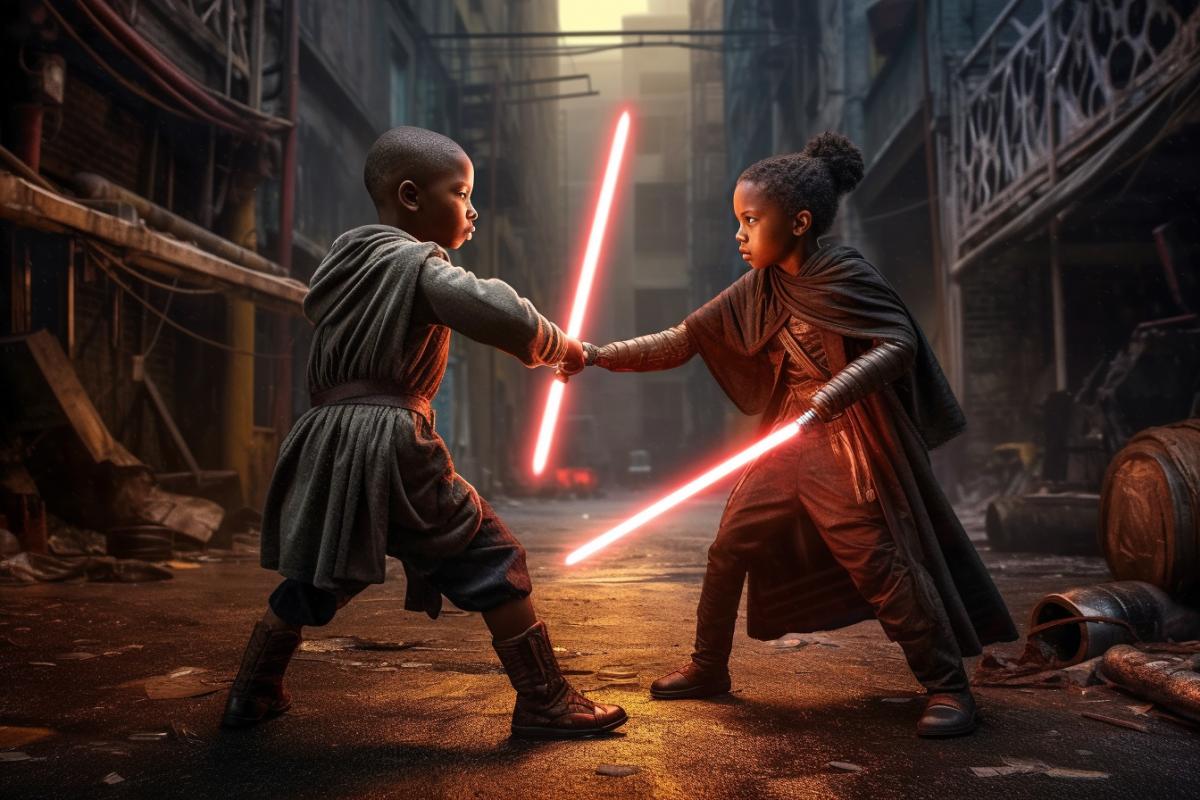 Street children in the slums fight with lightsabers, duel