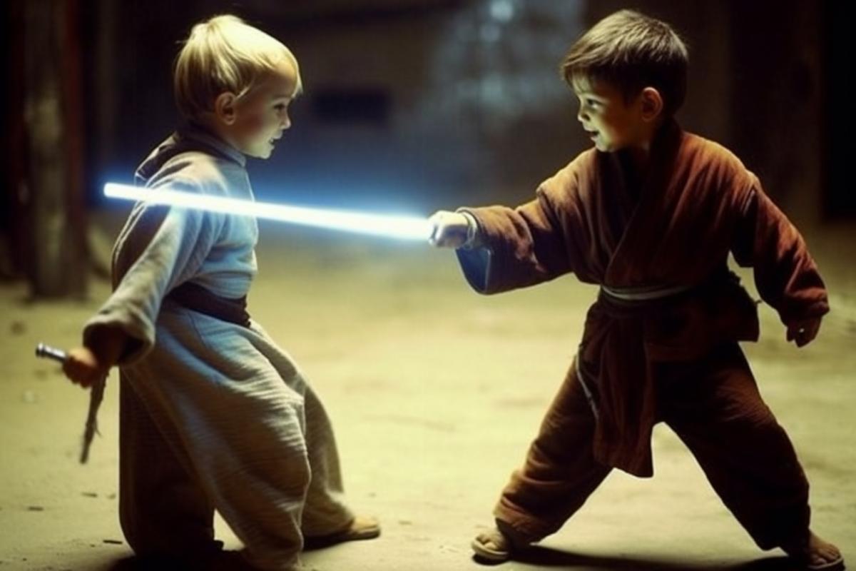 Street children in the slums fight with lightsabers, duel