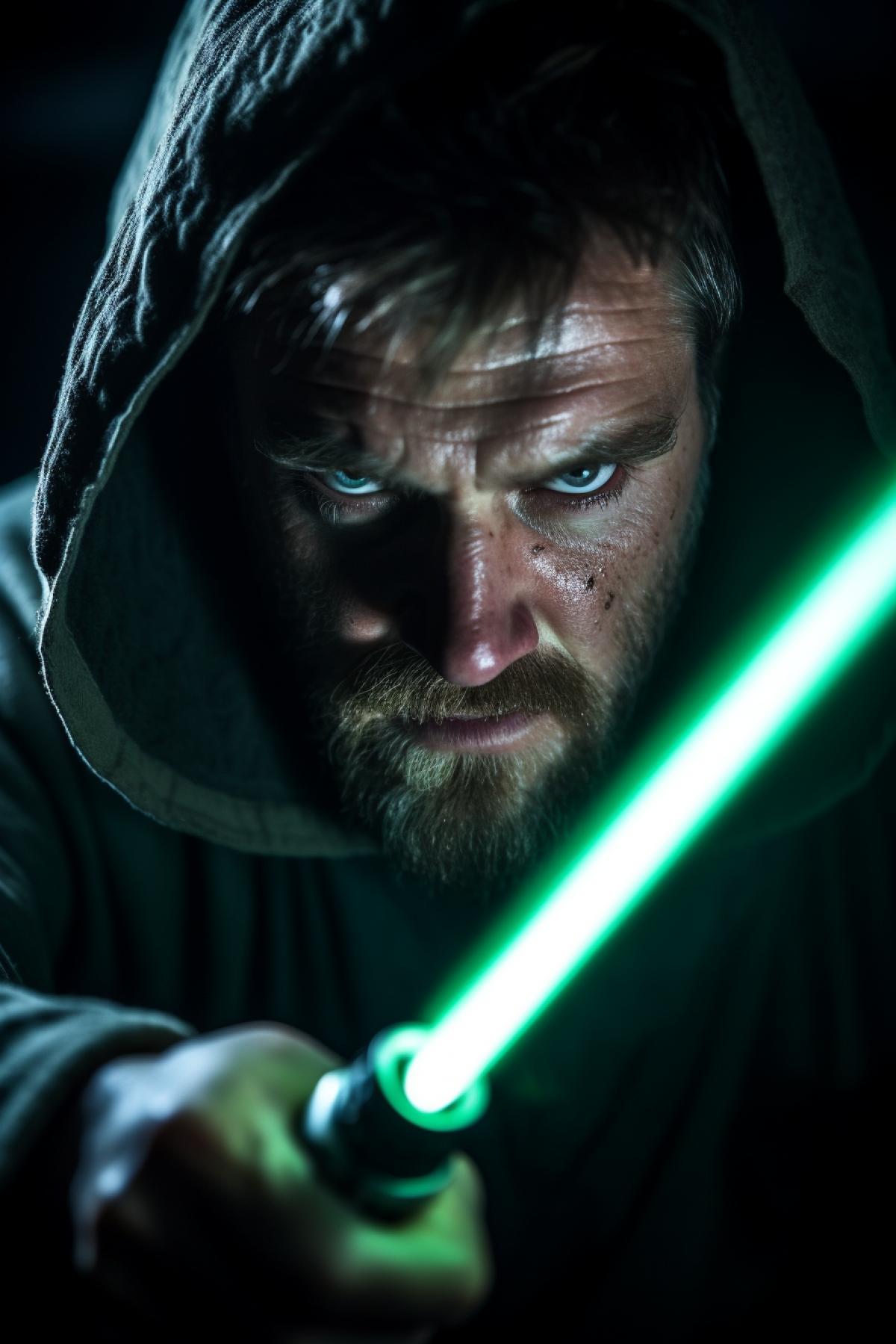 Fearless Jedi attacking with light saber in epic 4k vibrant portrait short exposion high focus field detailed face with all wrinkles anger and determination in clever smart eyes