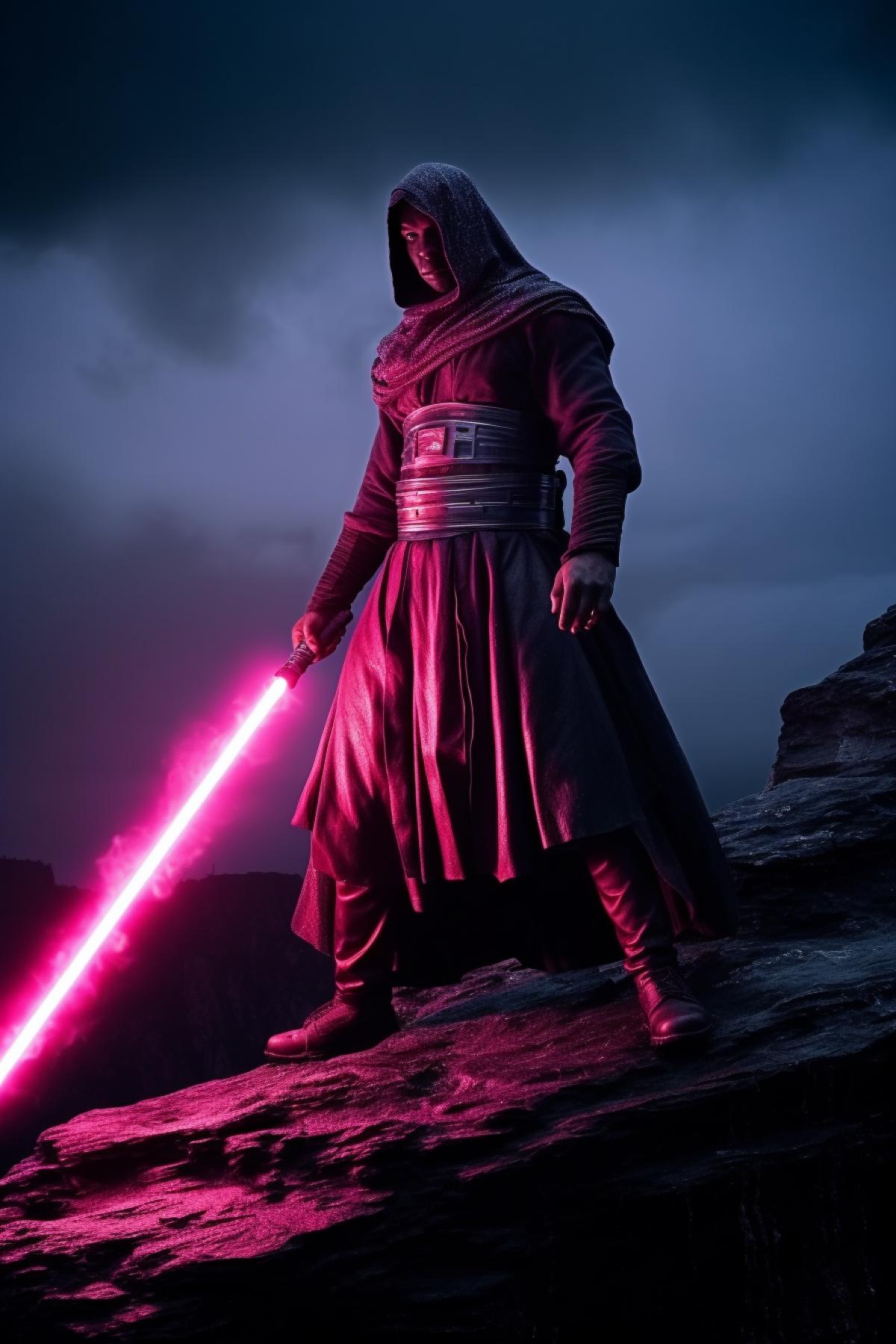 Fearless strong Jedi standing on edge of the rock on epic 4k his lightsaber pink light switched on detailed face features and Wickes of clothes use only dark and red high contrast vibrant palette
