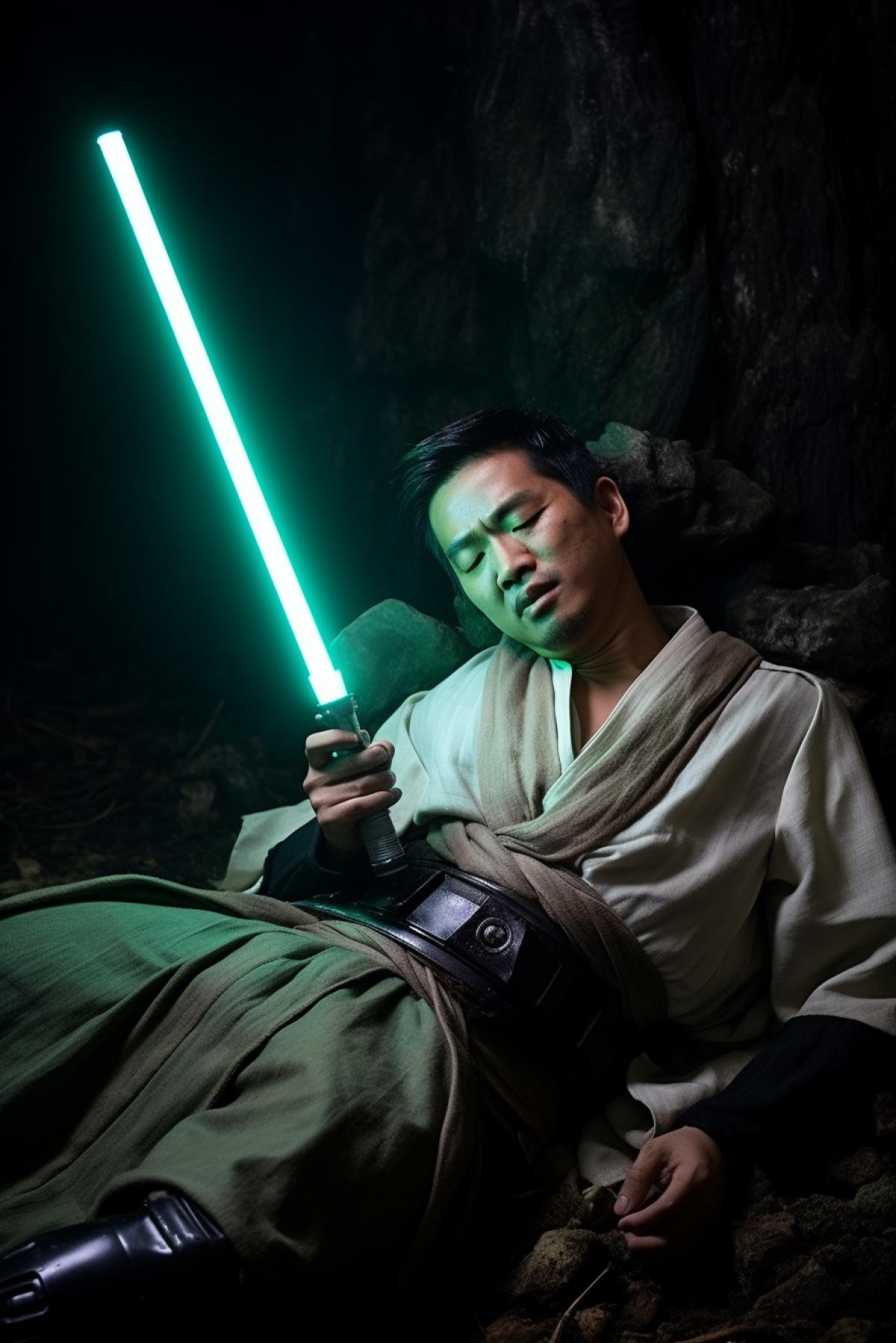 Death of brave Jedi in lightsaber combat his rival triumphing awarded photo