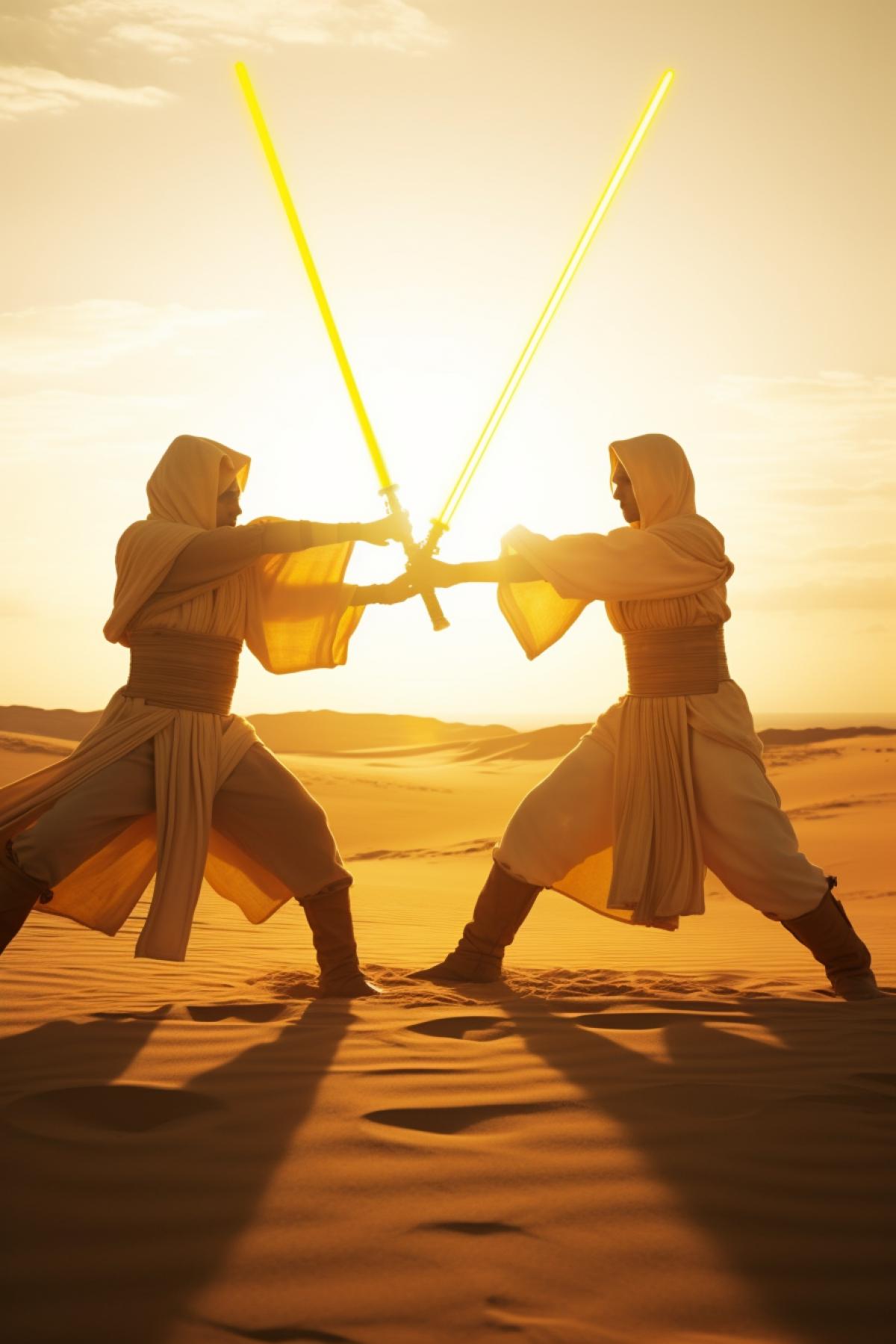 Jedis attacking each other with lightsabers morning in desert angry detailed faces determination in eyes yellow palette lightsabers crossed vibrant image