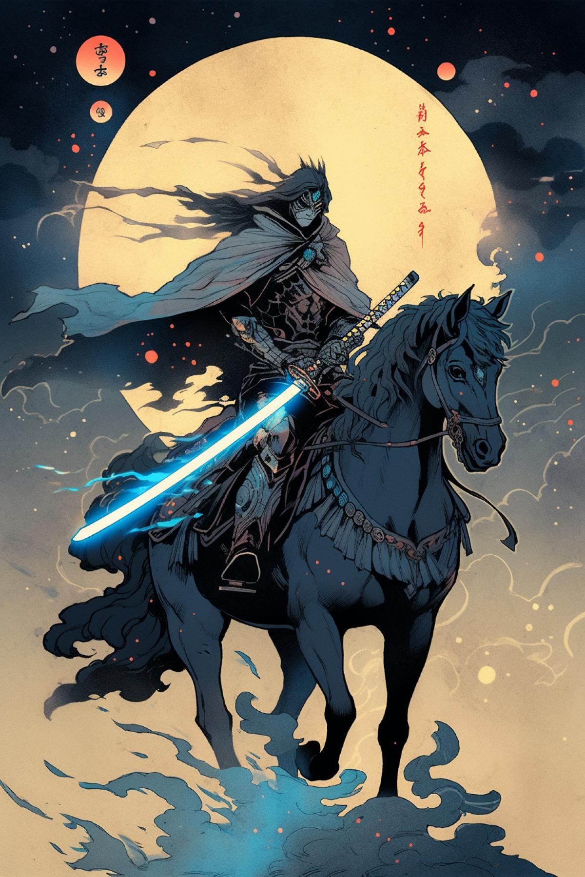 Japanese Jedi riding horse with lightsaber epic vibrant portrait