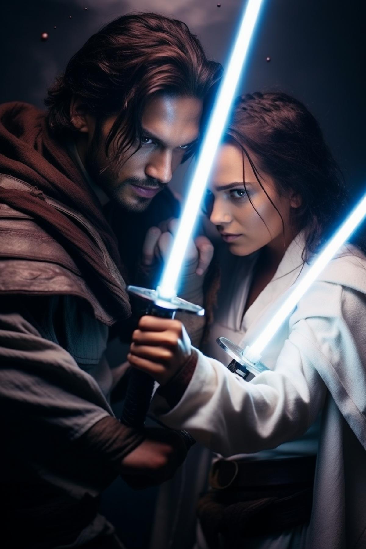 Young beautiful woman Jedi detailed determined face attacking with light saber two handsome male Jedis death combat dynamics epic vibrant colors awarded photo