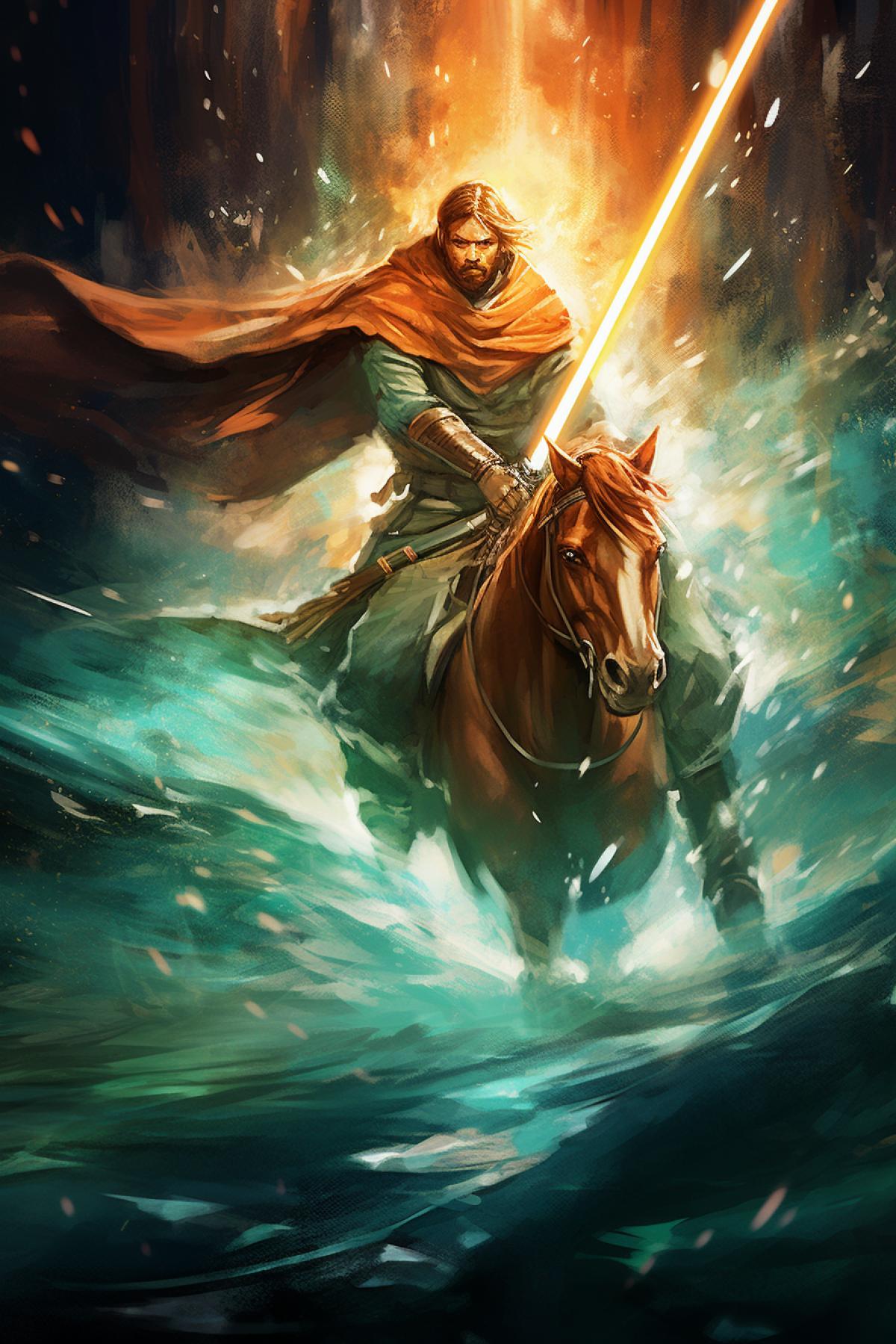 Jedi riding horse with light katana in hand attacking epic vibrant portrait