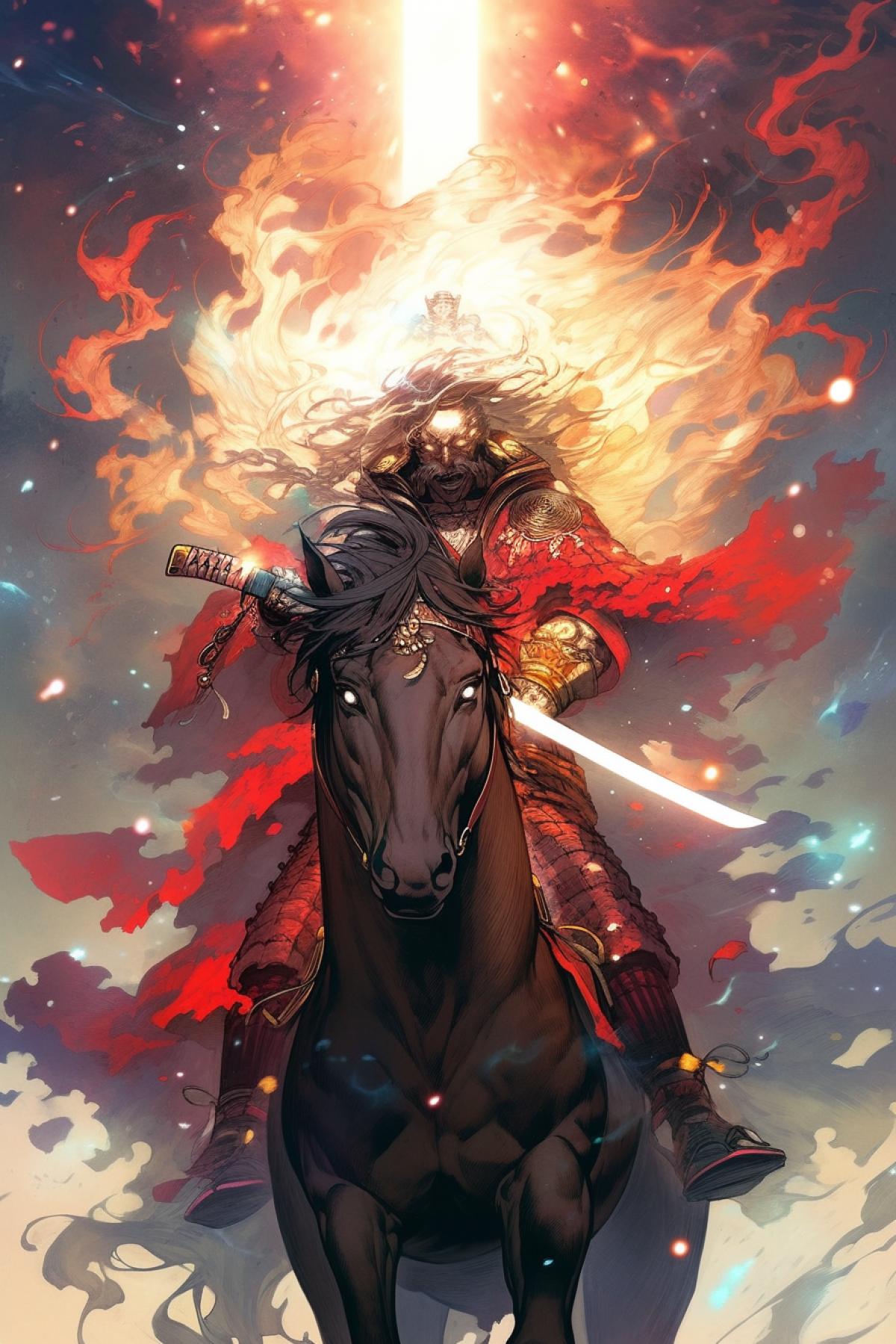 Jedi riding horse with light katana in hand attacking epic vibrant portrait