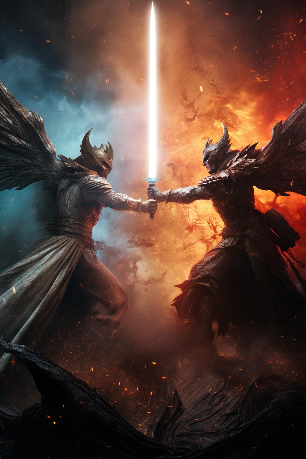 Demon vs angel with lightsabers in epic combat vibrant image