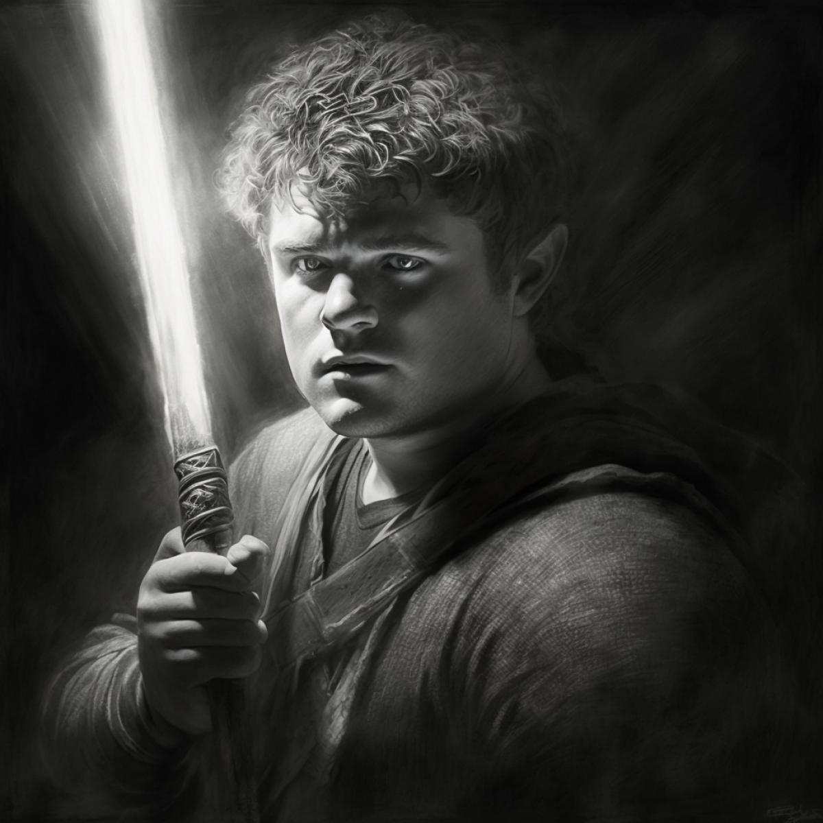 Charcoal painting of Samwise Gamgee having white laser sword