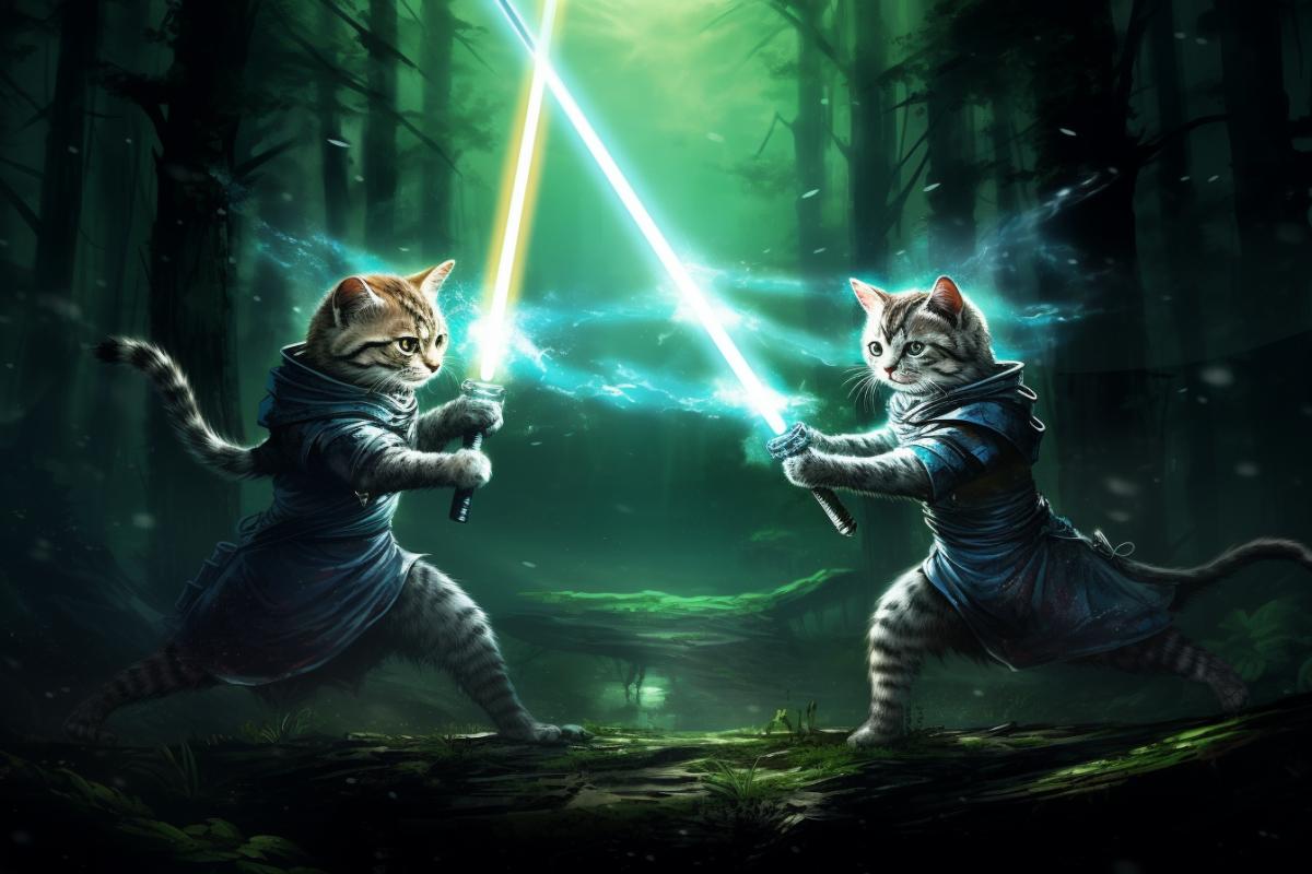 2 cats had a lightsaber battle, dark background, forest, realistic style