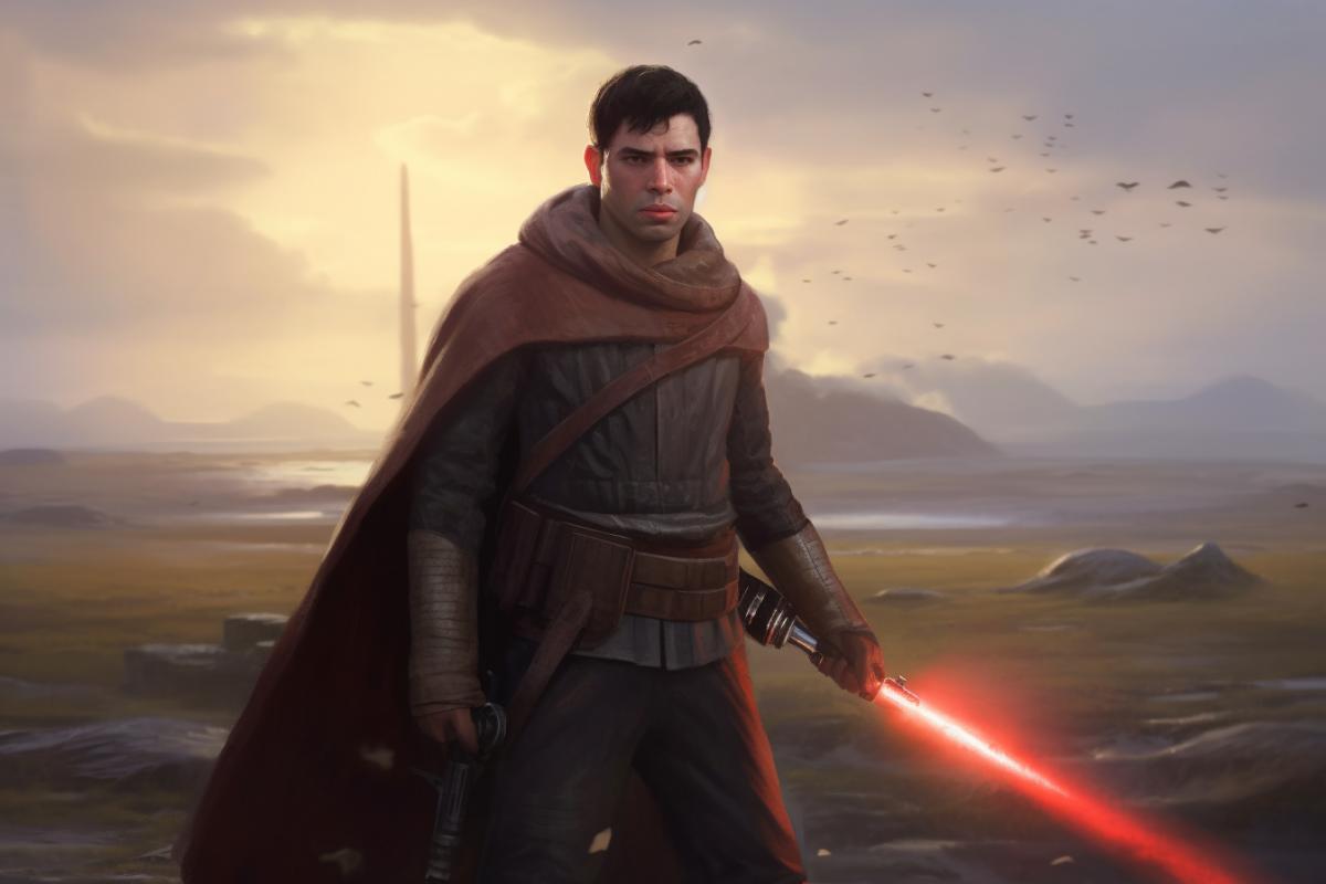 A hero with a lightsaber is eager to fight