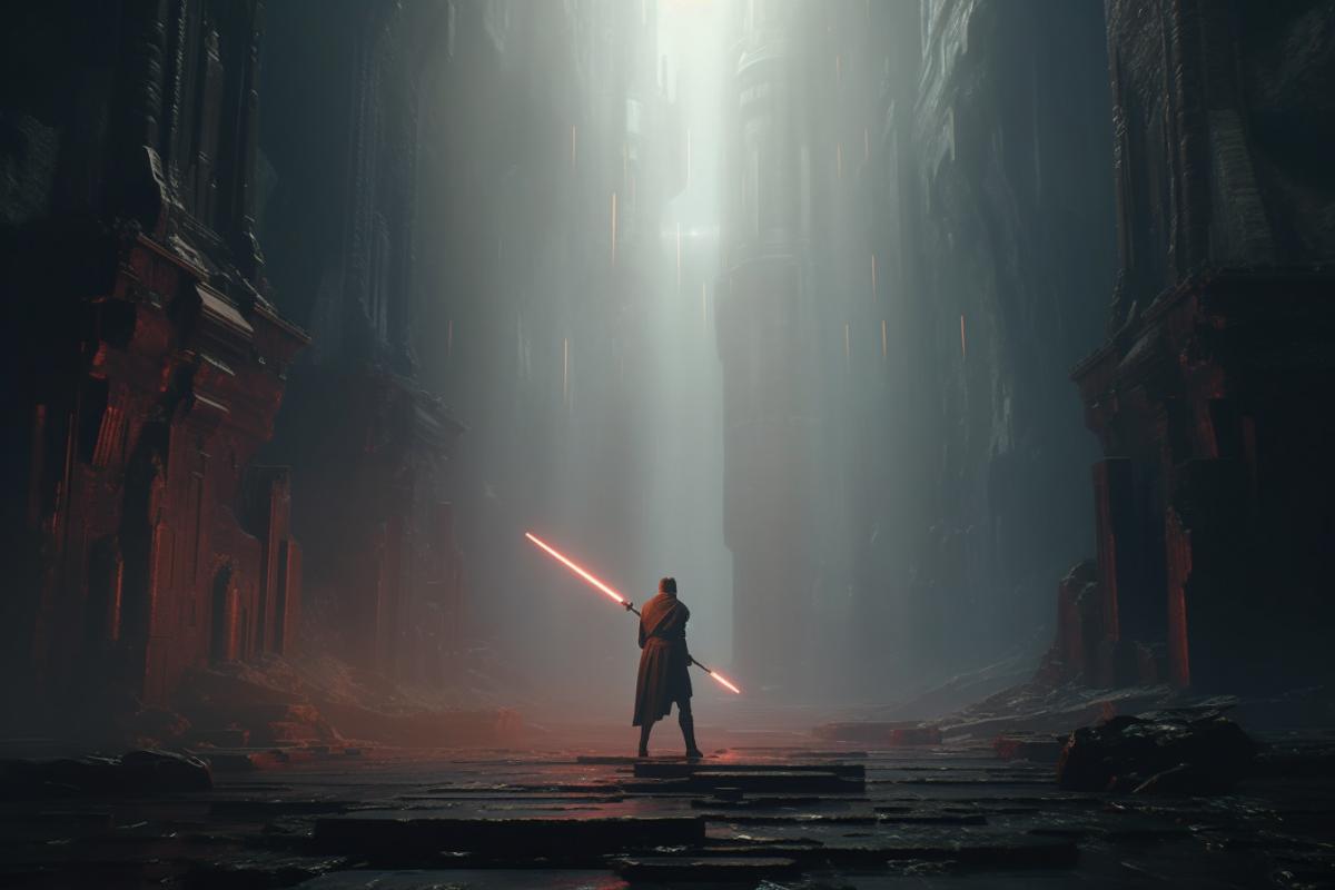 A hero with a lightsaber is eager to fight