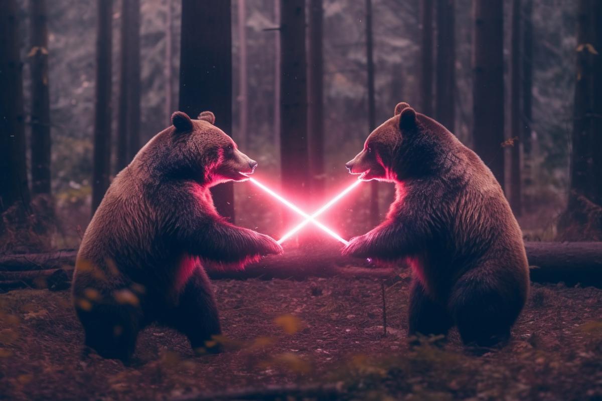 Bears fight with lightsabers at night in the forest