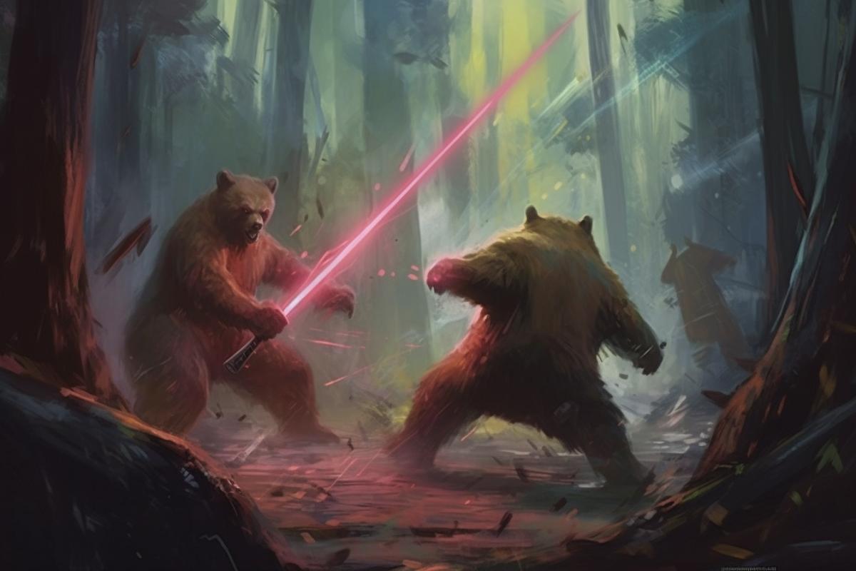 Bears fight with lightsabers at night in the forest