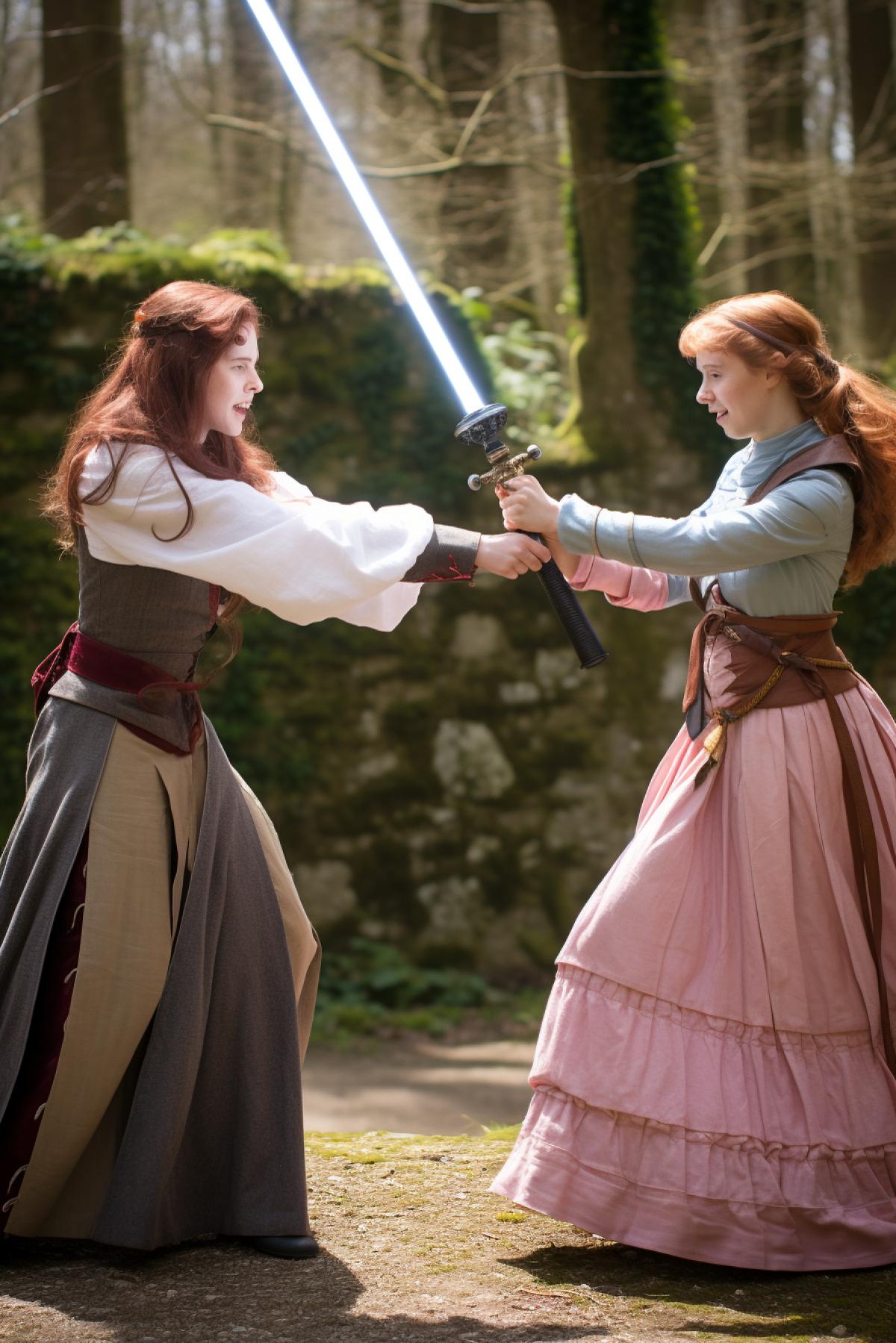 two young medieval women in ball gowns and bouffant wigs fight with lightsabers