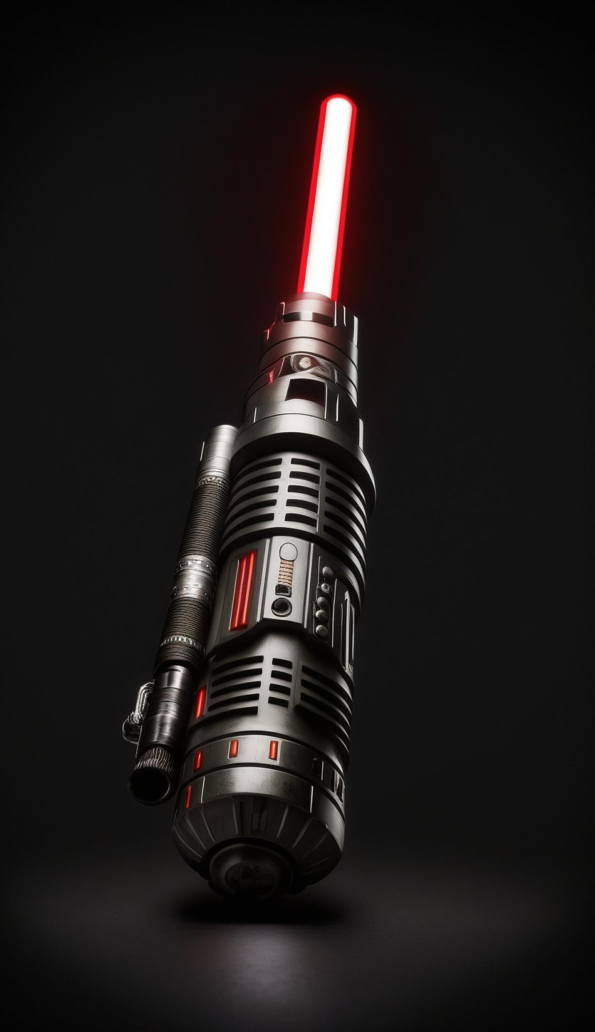 Kylo Rens lightsaber on a dark background, product photography, high detail