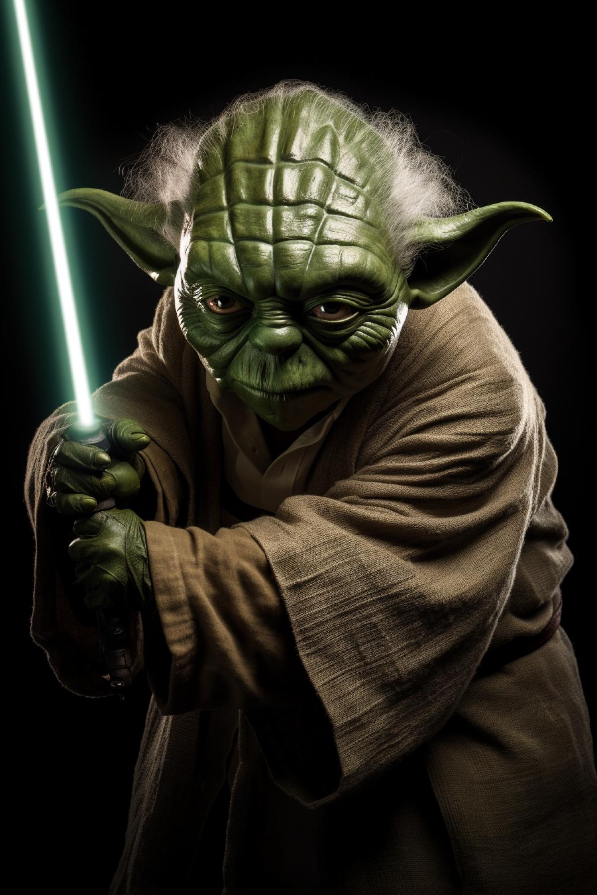 Master Yoda with lightsaber in full height epic 4k teaching fight technique professional photo session professional light formidable grace with wrinkles low light contrary green light only green and dark palette life view breathtaking photo