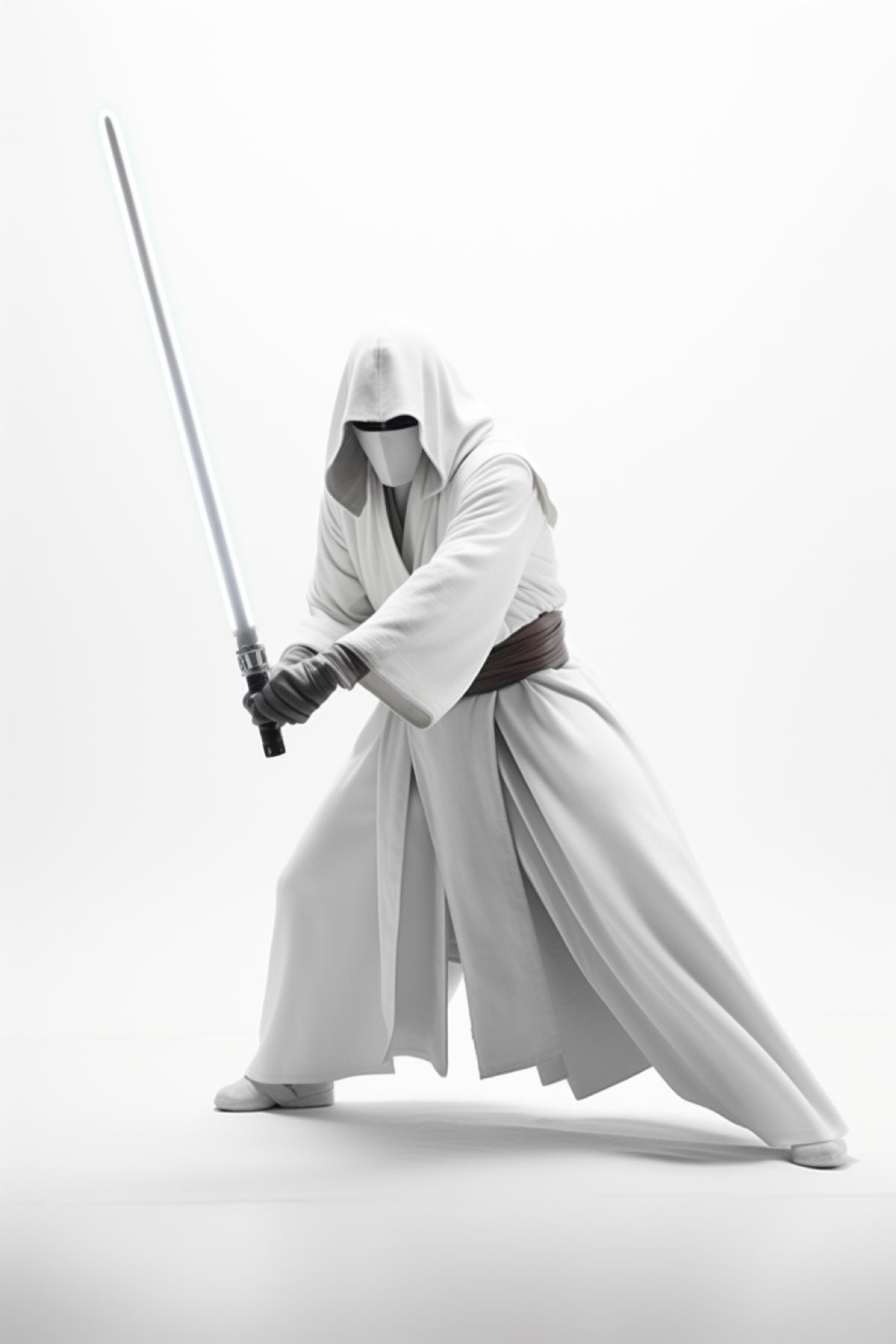 Jedi attacking with lightsaber all white on white background full height epic 4k face of war use only white palette breathtaking awarded photo