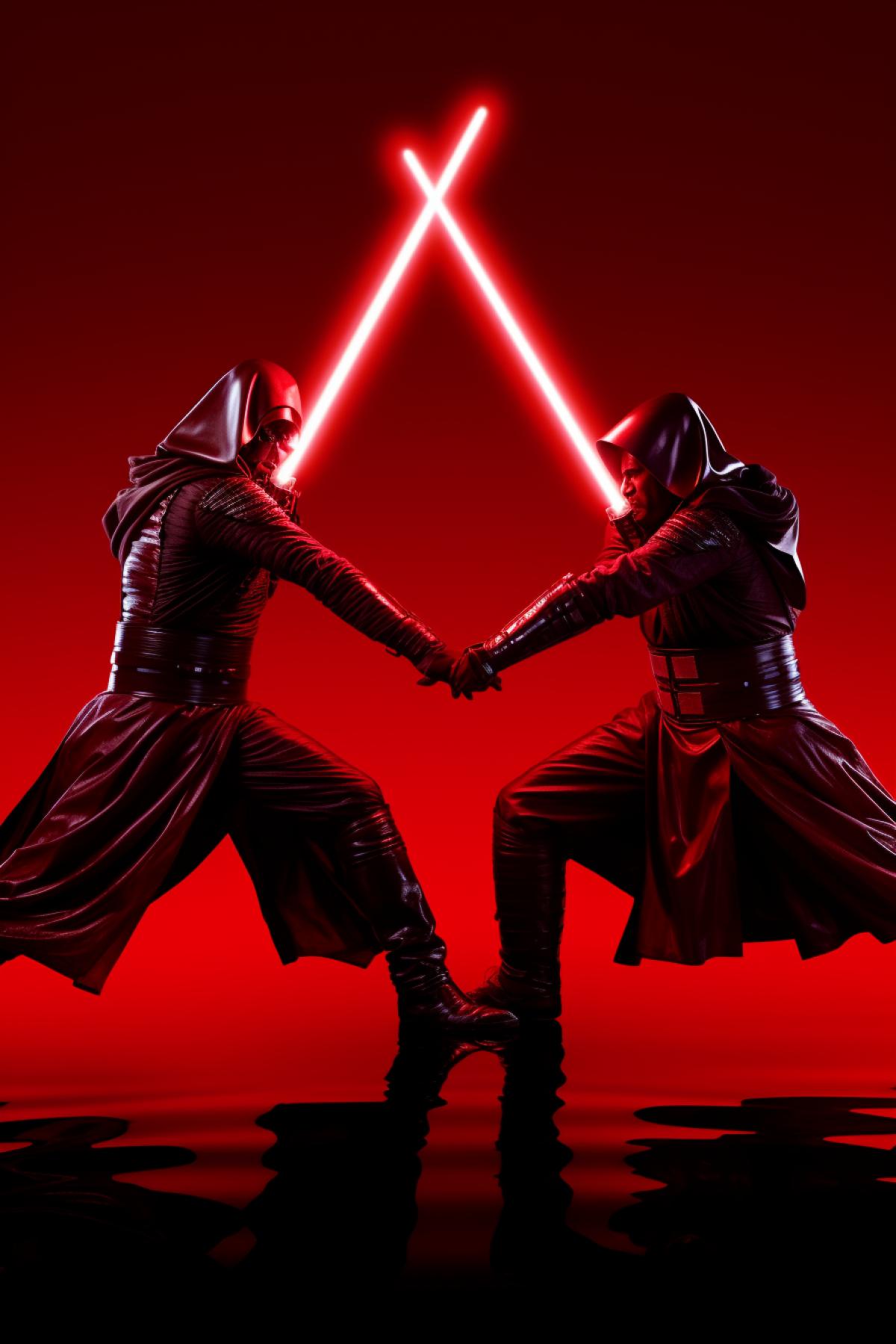 Jedi fighting the sith on lightsabers two red and dark figures on red background aggression breathtaking picture shine gloss use red palette only