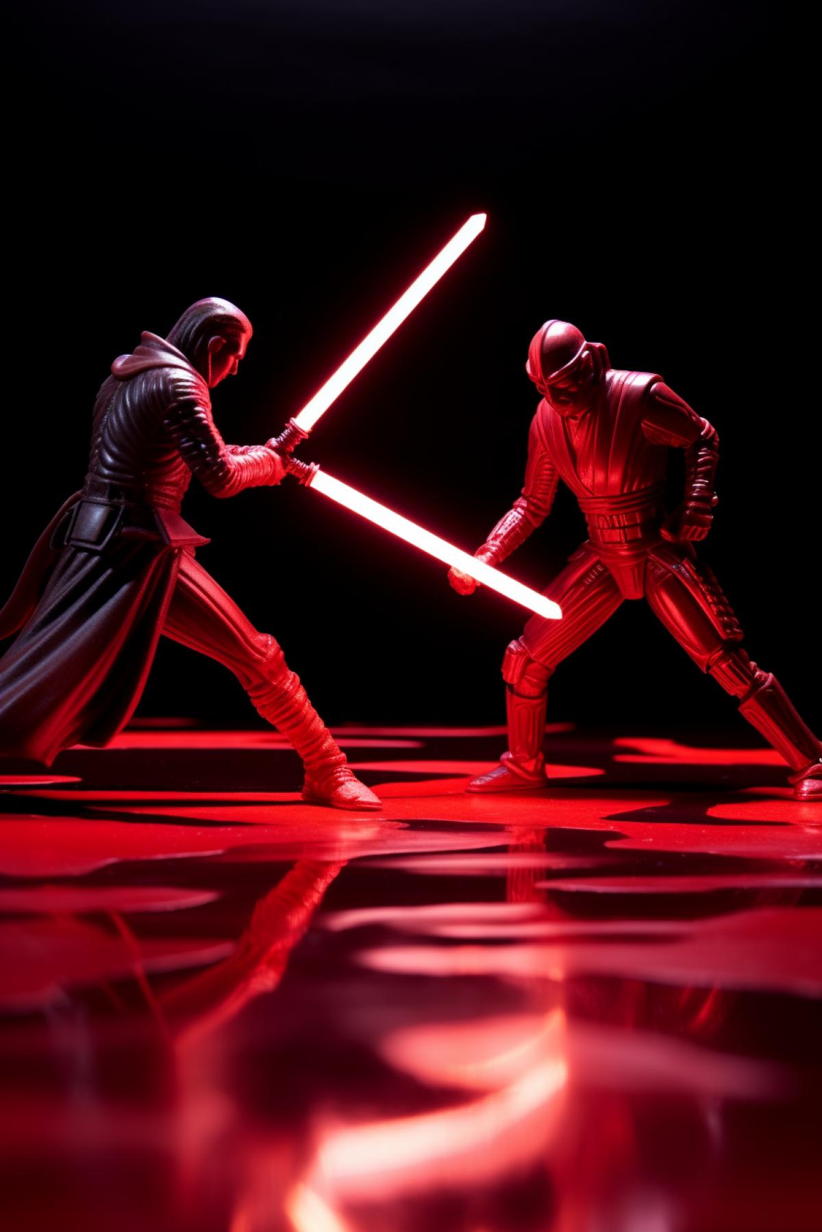 Jedi fighting against the sith on lightsabers two red and dark figures on red background dark granite floor aggression breathtaking picture shine gloss use red palette only