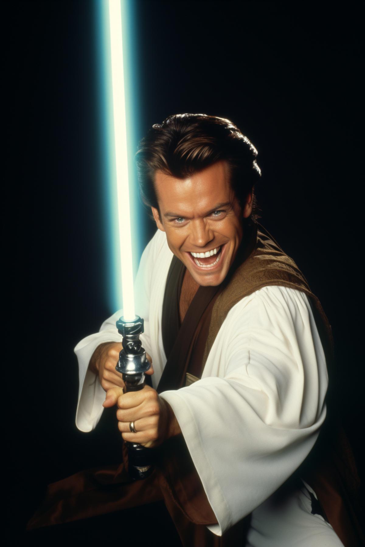 The most funny Jedi in the universe with lightsaber laughing out loud Ace Ventura haircut dangerous and armed awarded picture